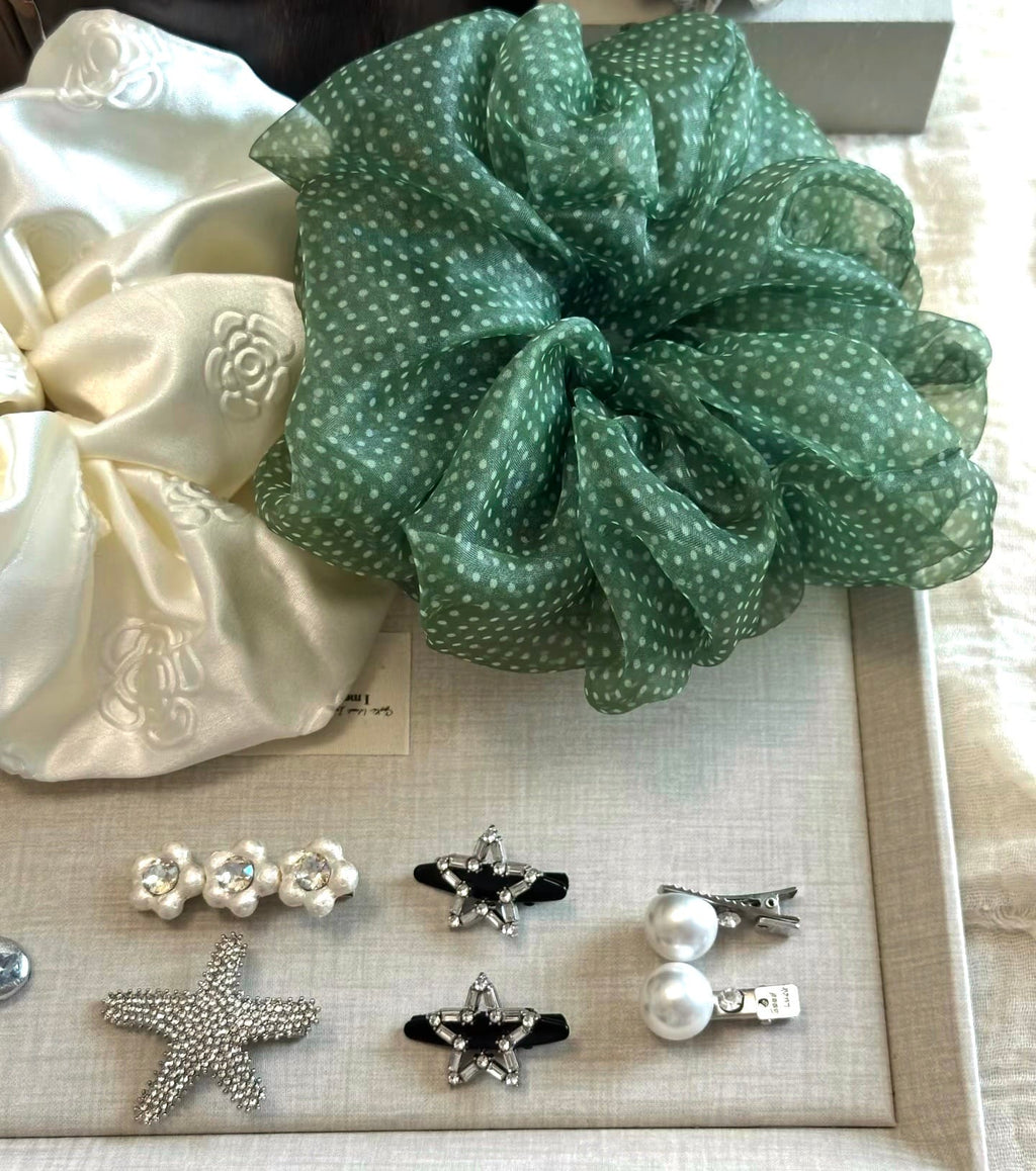 Forest Green Polka Dot Mesh Hair Scrunchie – Lightweight, Airy, Elegant Ponytail Accessory for Women