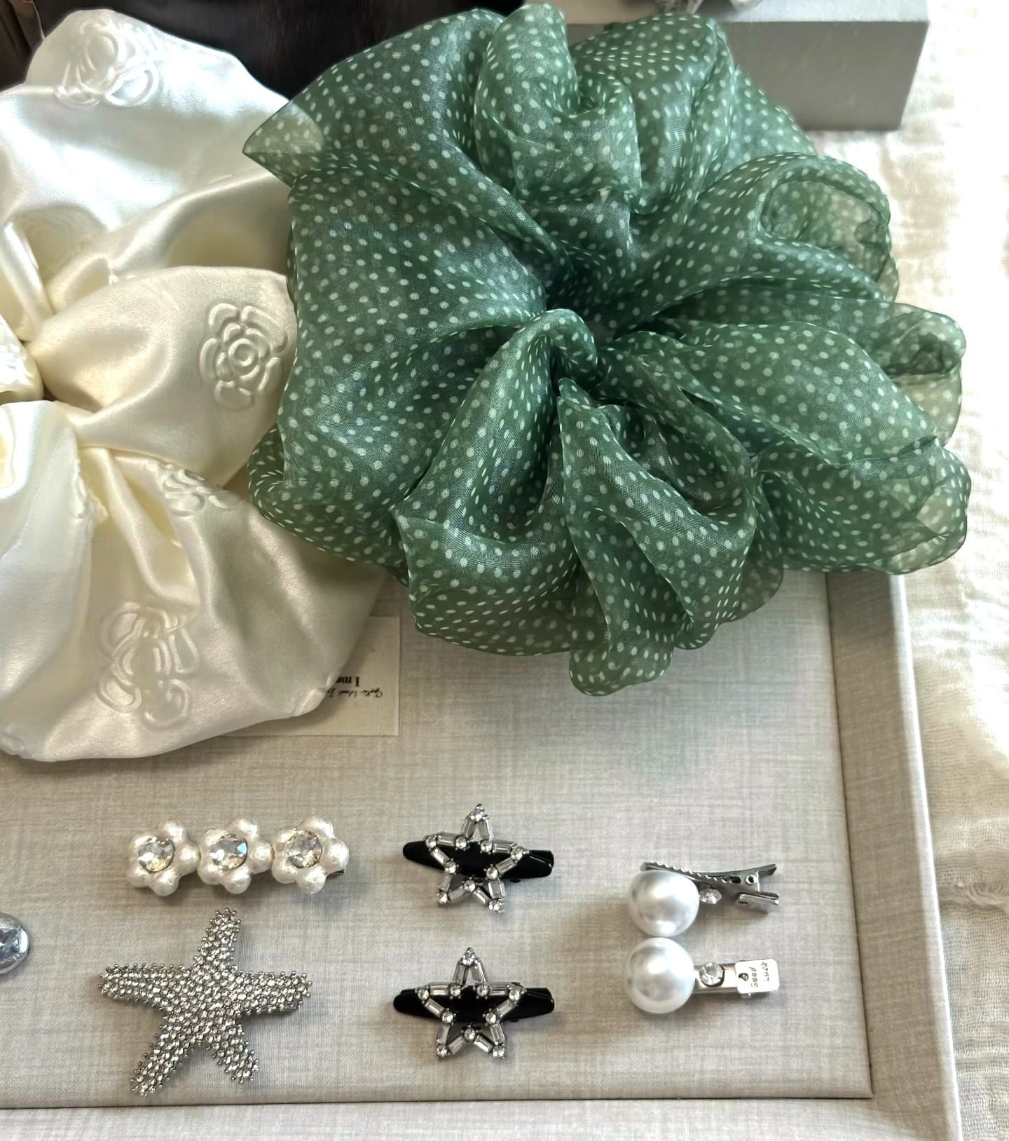 Forest Green Polka Dot Mesh Hair Scrunchie – Lightweight, Airy, Elegant Ponytail Accessory for Women