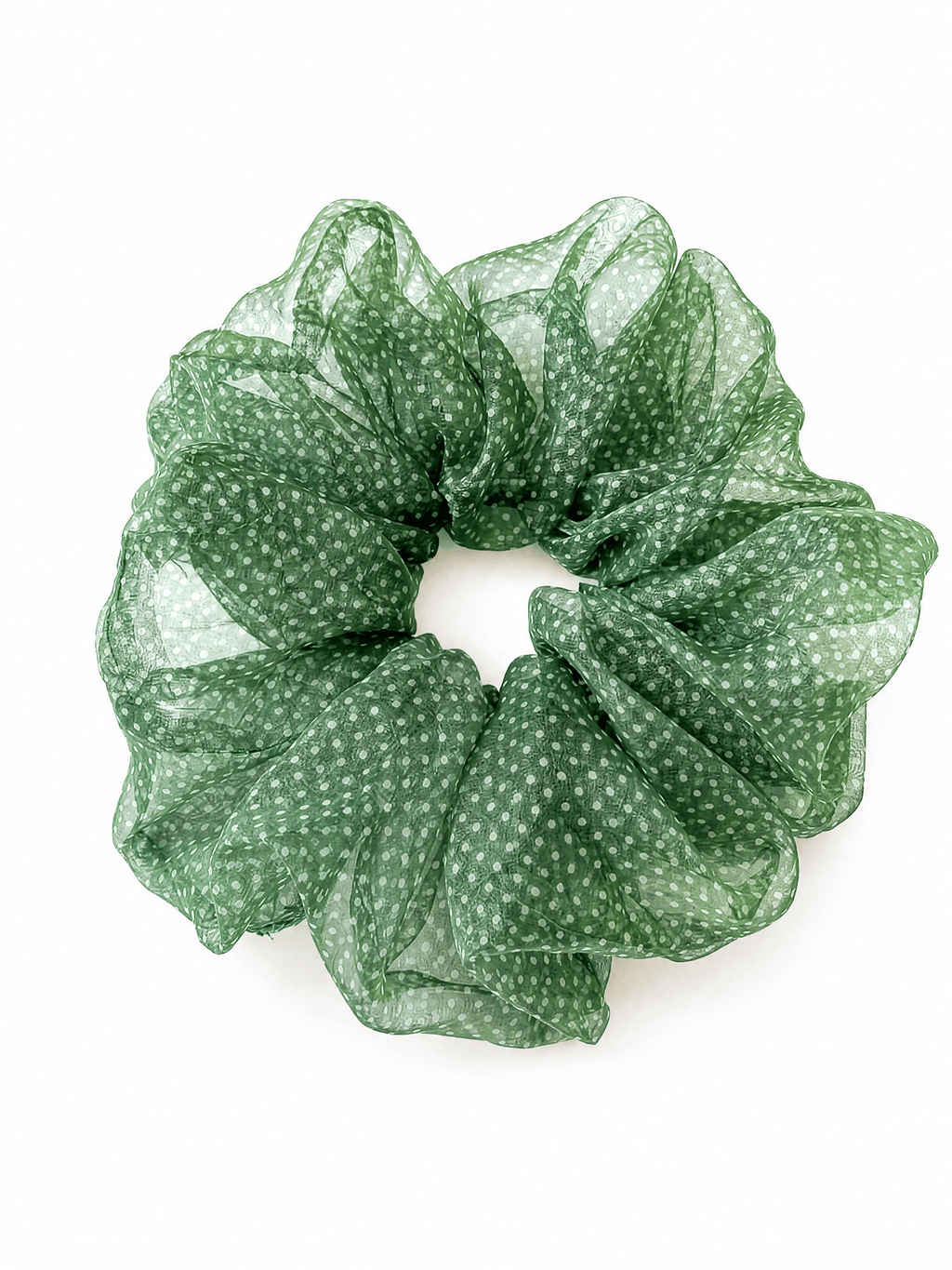 Forest Green Polka Dot Mesh Hair Scrunchie – Lightweight, Airy, Elegant Ponytail Accessory for Women