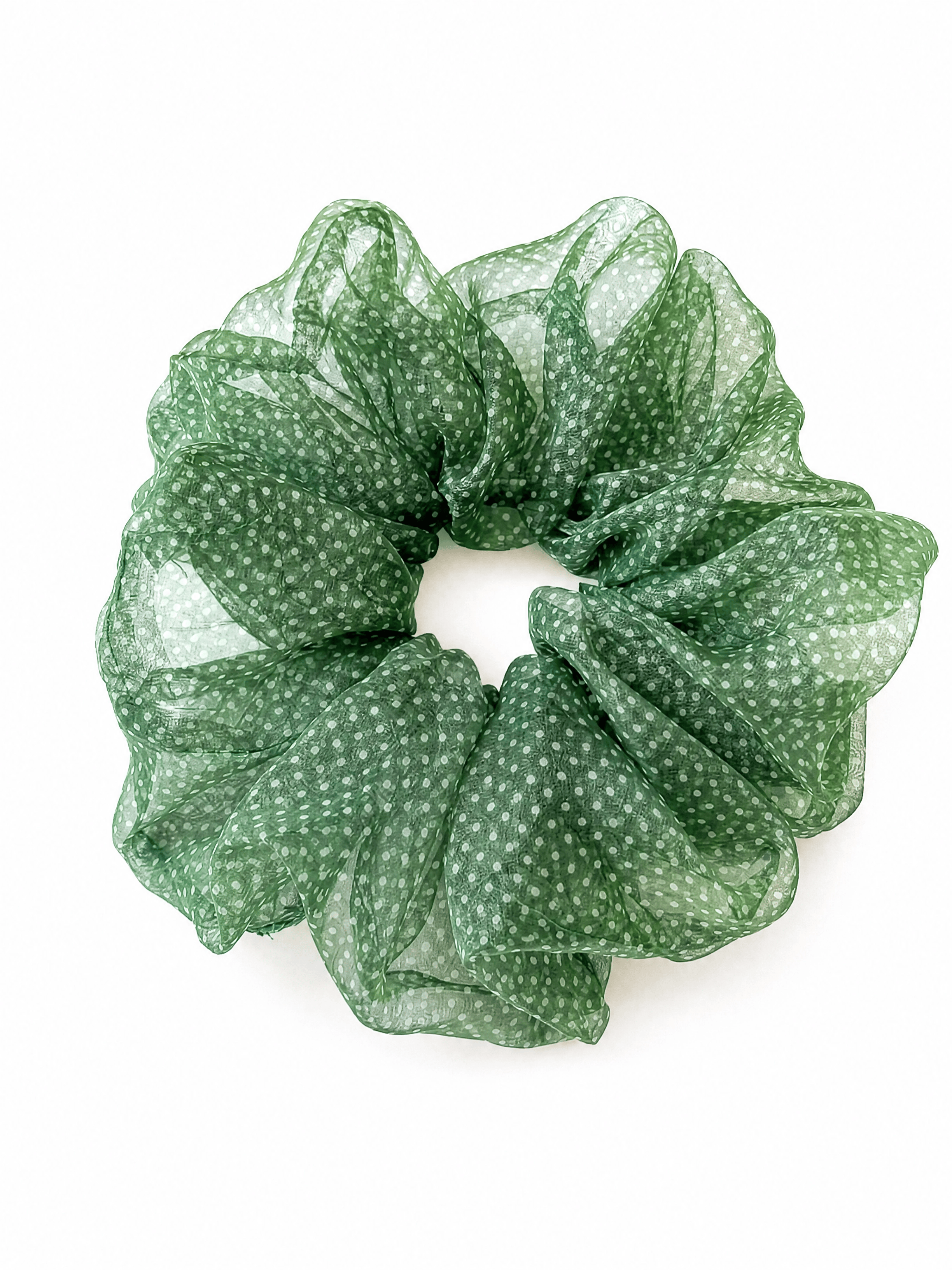 Forest Green Polka Dot Mesh Hair Scrunchie – Lightweight, Airy, Elegant Ponytail Accessory for Women