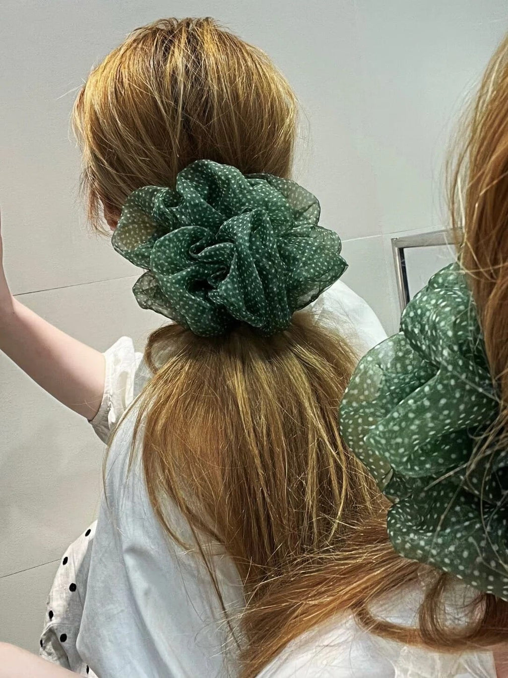 Forest Green Polka Dot Mesh Hair Scrunchie – Lightweight, Airy, Elegant Ponytail Accessory for Women