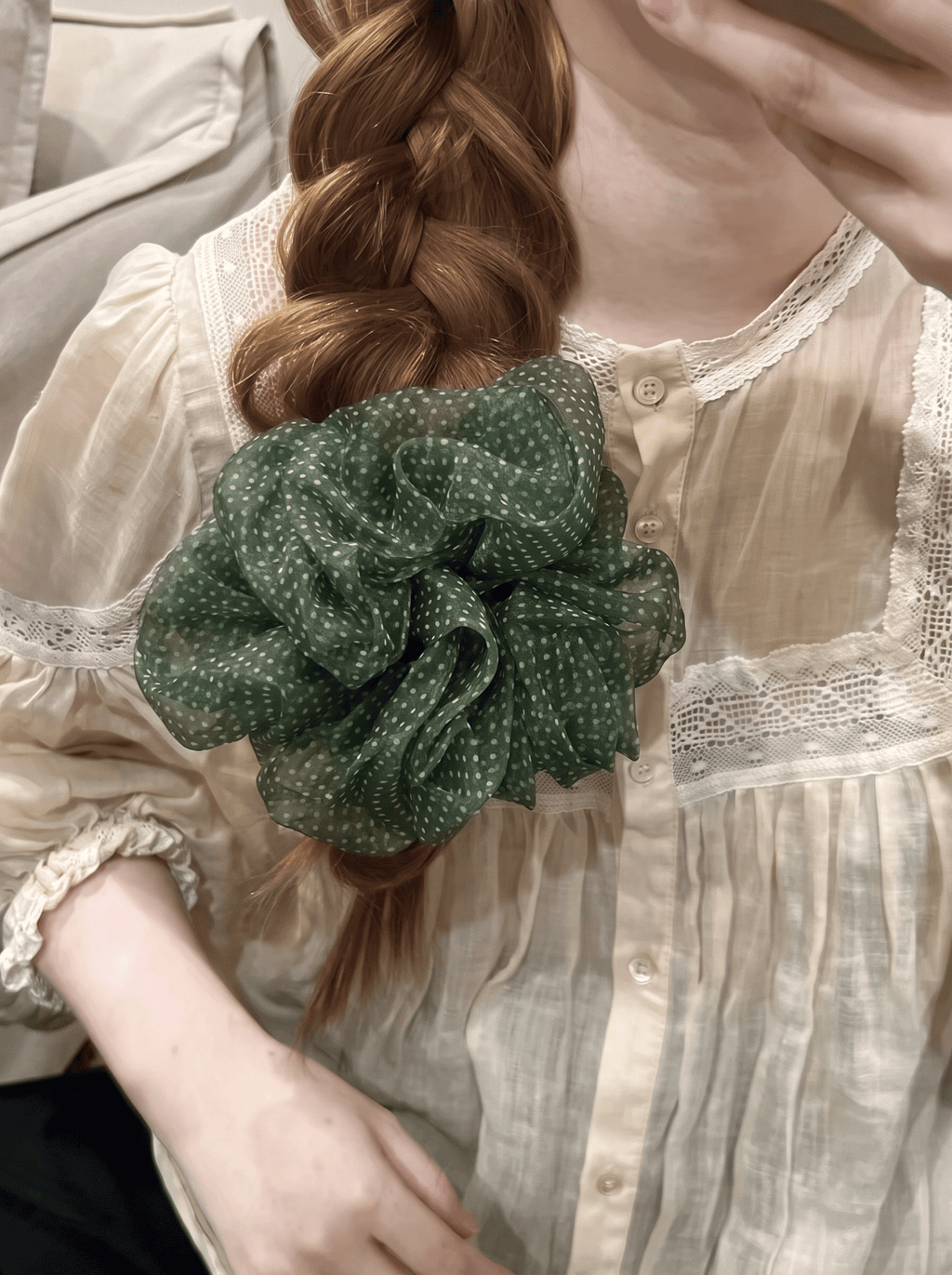 Forest Green Polka Dot Mesh Hair Scrunchie – Lightweight, Airy, Elegant Ponytail Accessory for Women