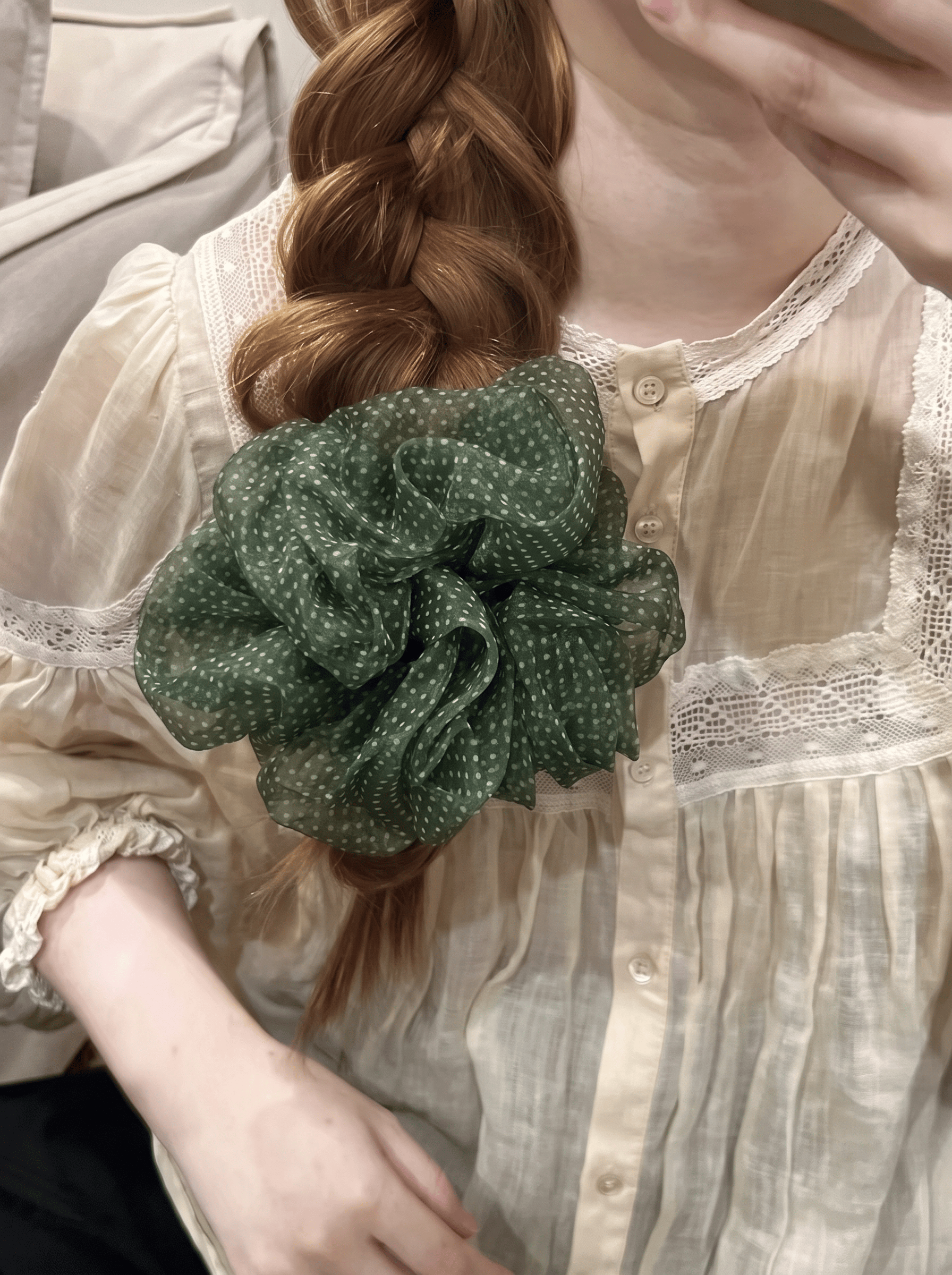 Forest Green Polka Dot Mesh Hair Scrunchie – Lightweight, Airy, Elegant Ponytail Accessory for Women