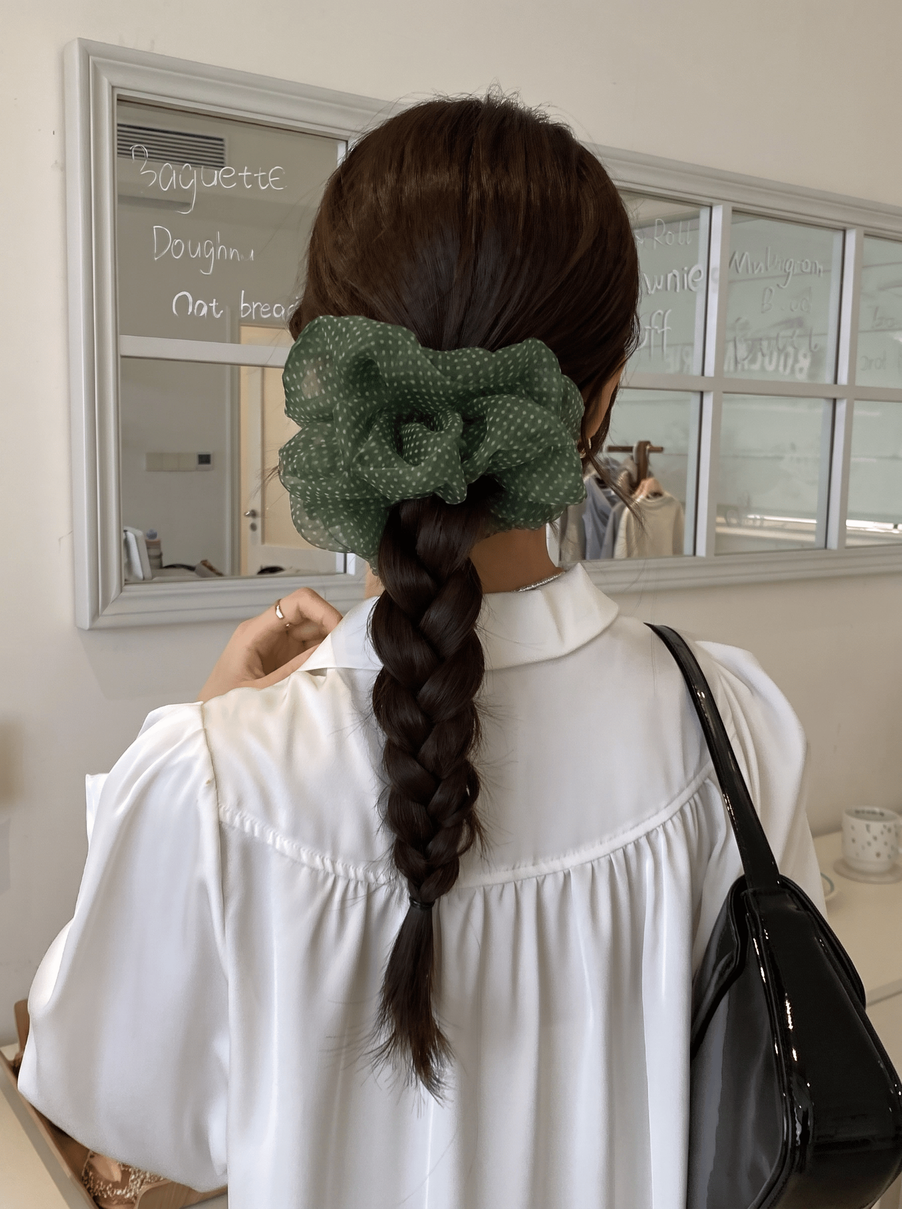 Forest Green Polka Dot Mesh Hair Scrunchie – Lightweight, Airy, Elegant Ponytail Accessory for Women