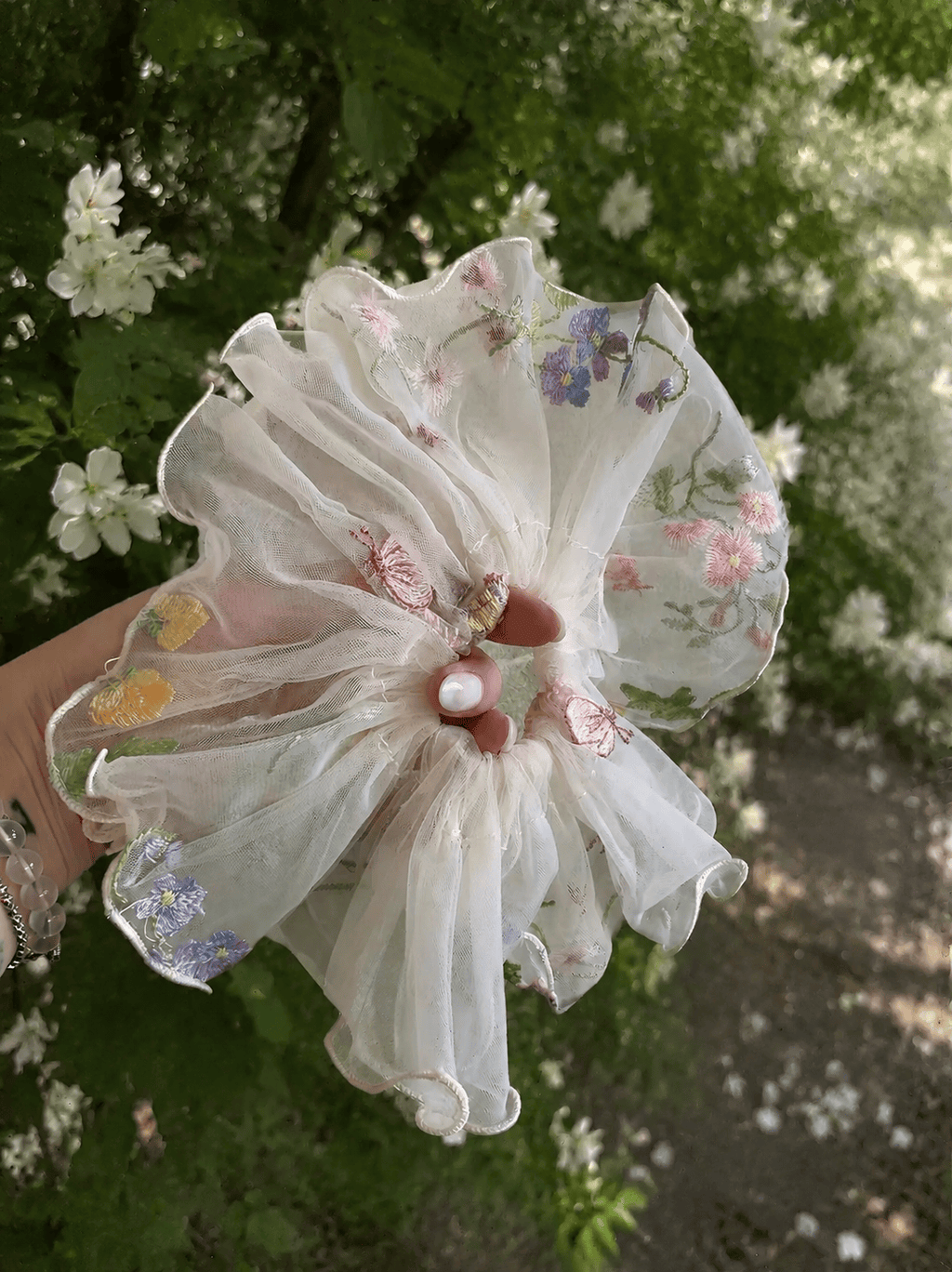 French Floral Embroidered Ruffle Scrunchie | Organza Hair Accessory