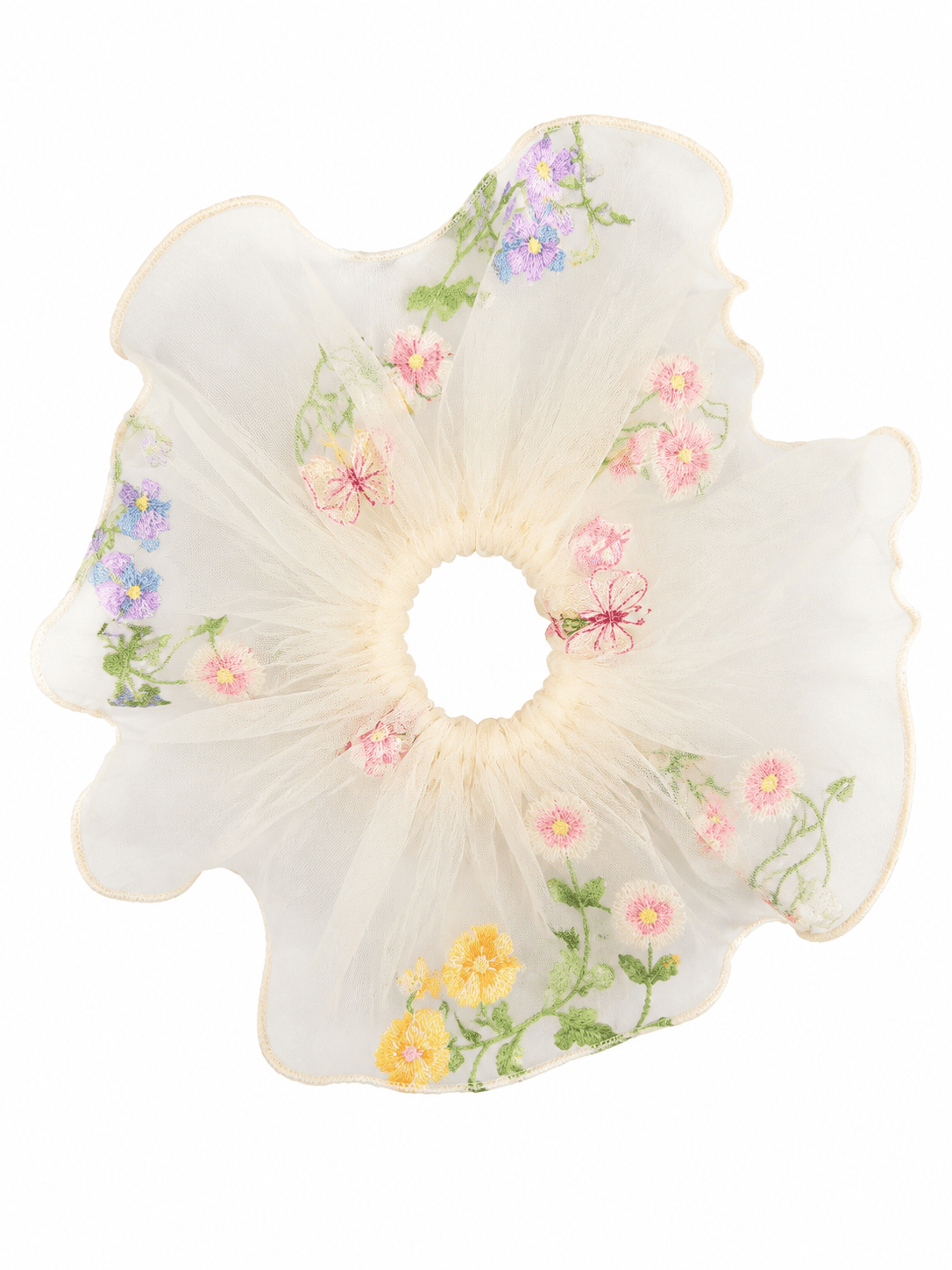 French Floral Embroidered Ruffle Scrunchie | Organza Hair Accessory