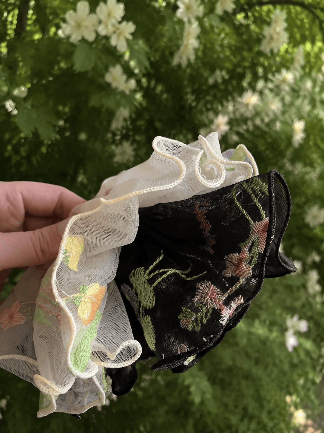 French Floral Embroidered Ruffle Scrunchie | Organza Hair Accessory