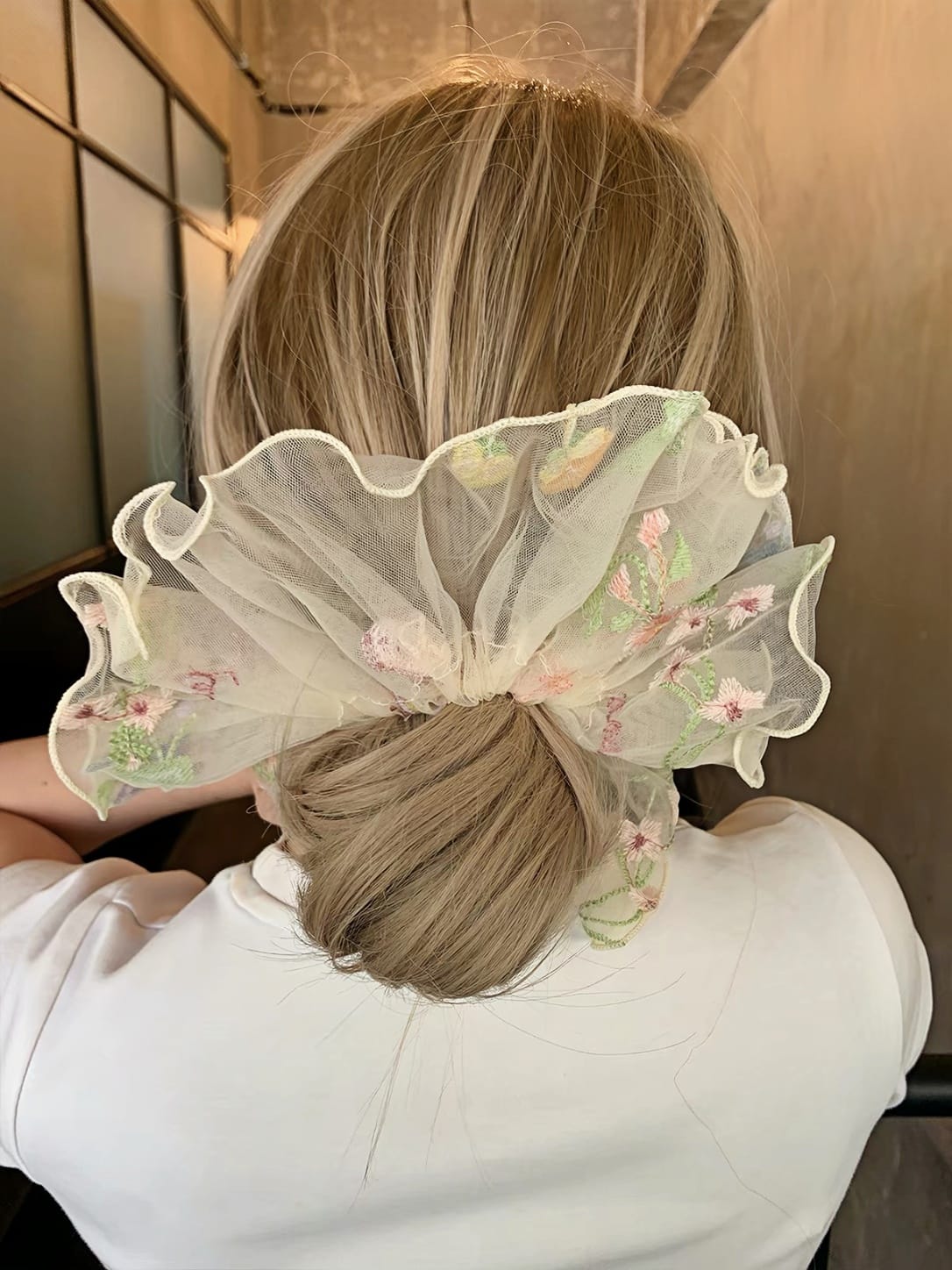 French Floral Embroidered Ruffle Scrunchie | Organza Hair Accessory
