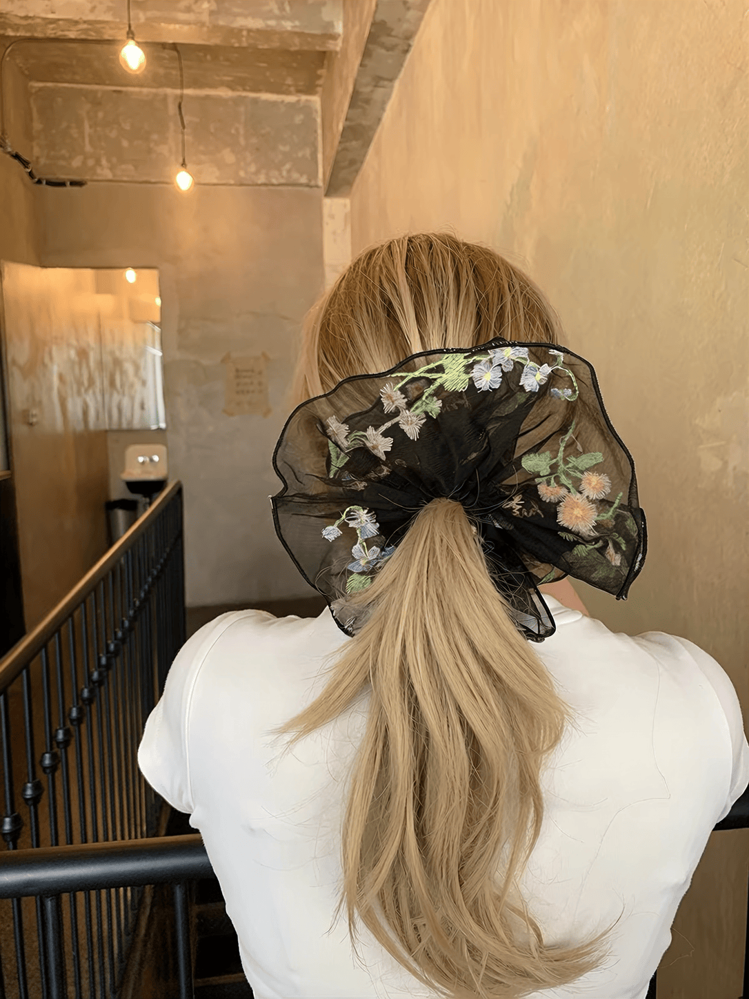 French Floral Embroidered Ruffle Scrunchie | Organza Hair Accessory