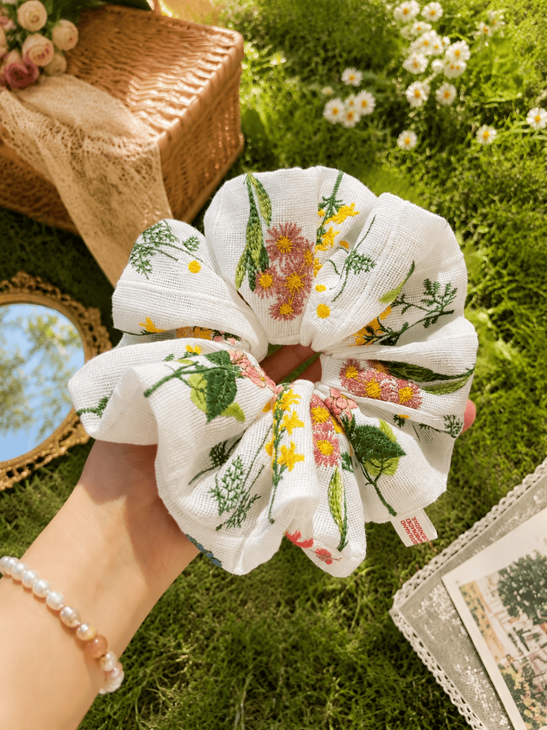 French Floral Embroidery Scrunchie | Oversized Double-Sided Vintage Hair Accessory