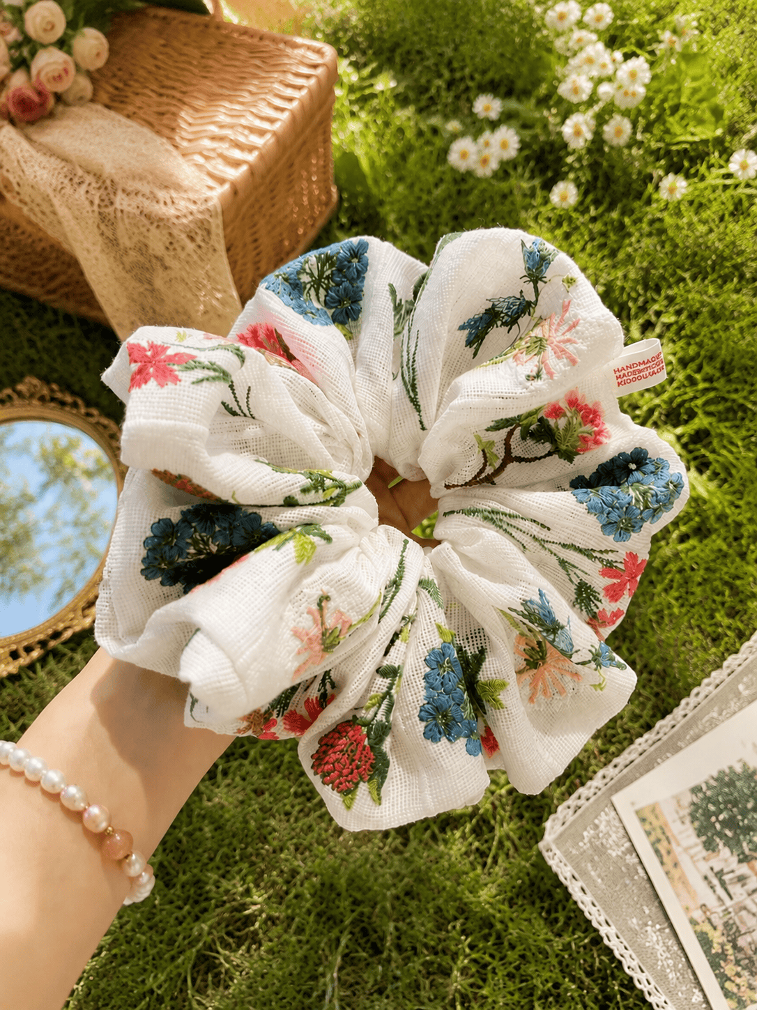 French Floral Embroidery Scrunchie | Oversized Double-Sided Vintage Hair Accessory
