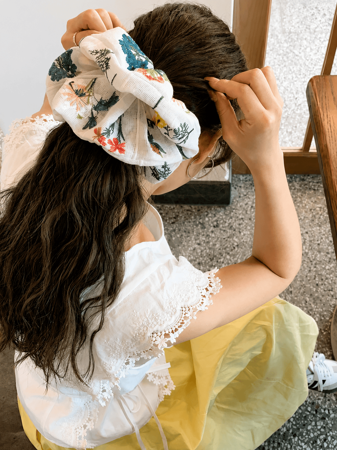 French Floral Embroidery Scrunchie | Oversized Double-Sided Vintage Hair Accessory
