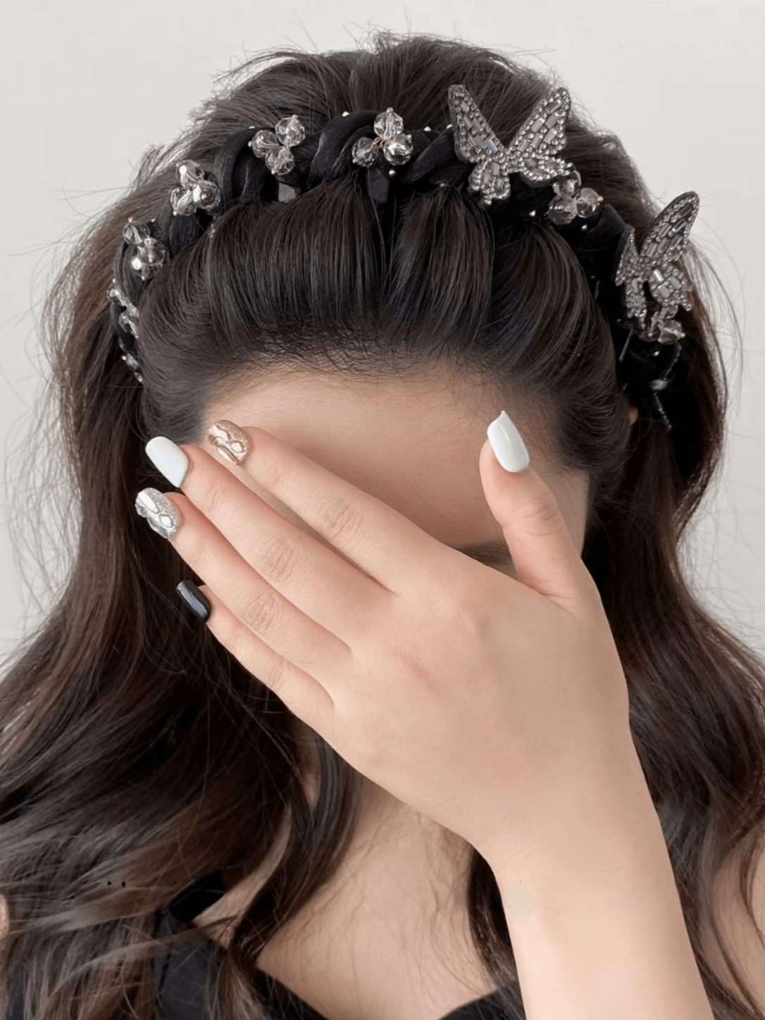 Full-Rhinestone Butterfly Headband – Black Mesh Hair Accessory