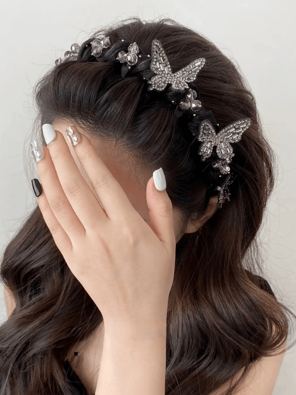 Full-Rhinestone Butterfly Headband – Black Mesh Hair Accessory