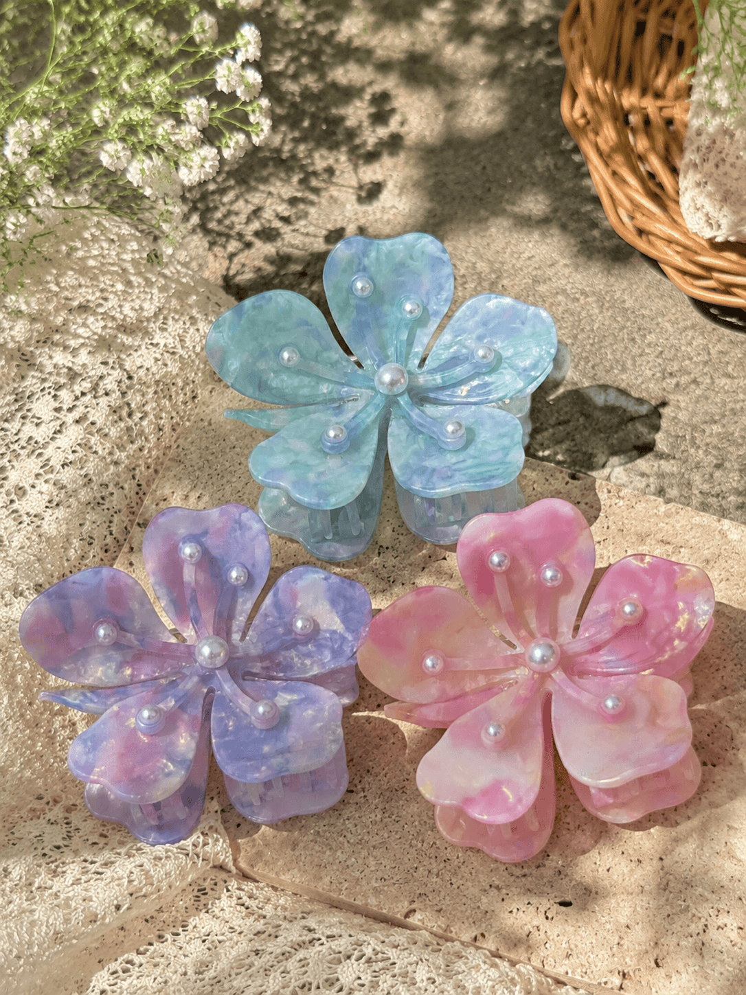  Gradient Flower Hair Claw Clip – Pearl Acetate Floral Claw Clip 