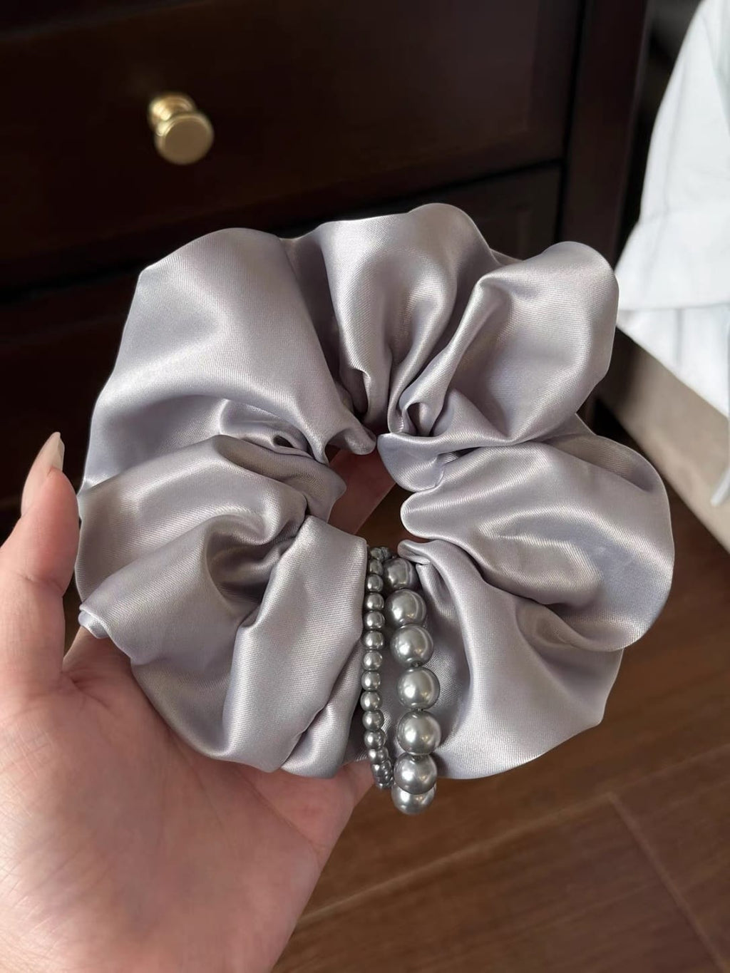 Gray Satin Pearl Scrunchie | Elegant Oversized Hair Tie