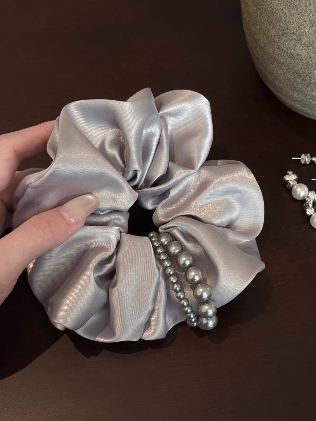 Gray Satin Pearl Scrunchie | Elegant Oversized Hair Tie