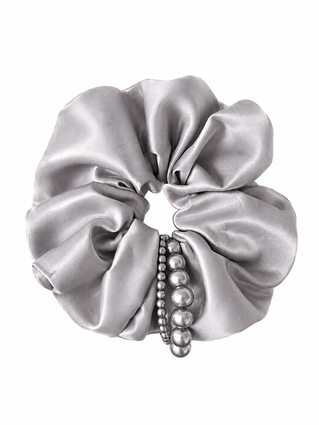Gray Satin Pearl Scrunchie | Elegant Oversized Hair Tie