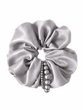 Gray Satin Pearl Scrunchie | Elegant Oversized Hair Tie