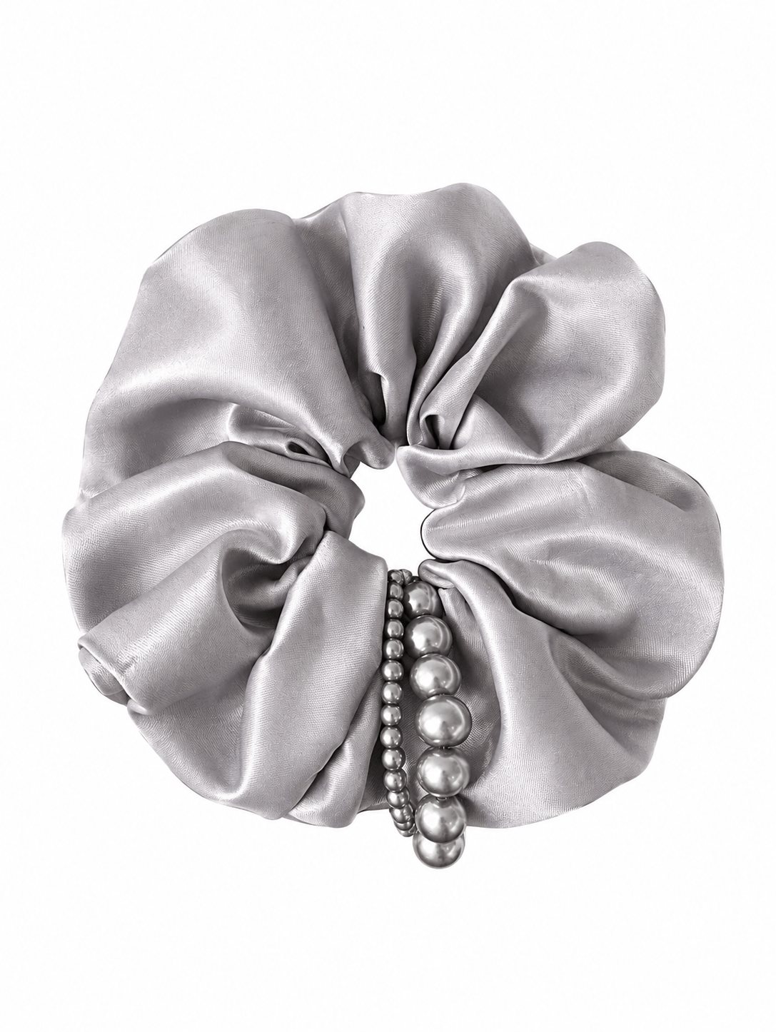 Gray Satin Pearl Scrunchie | Elegant Oversized Hair Tie