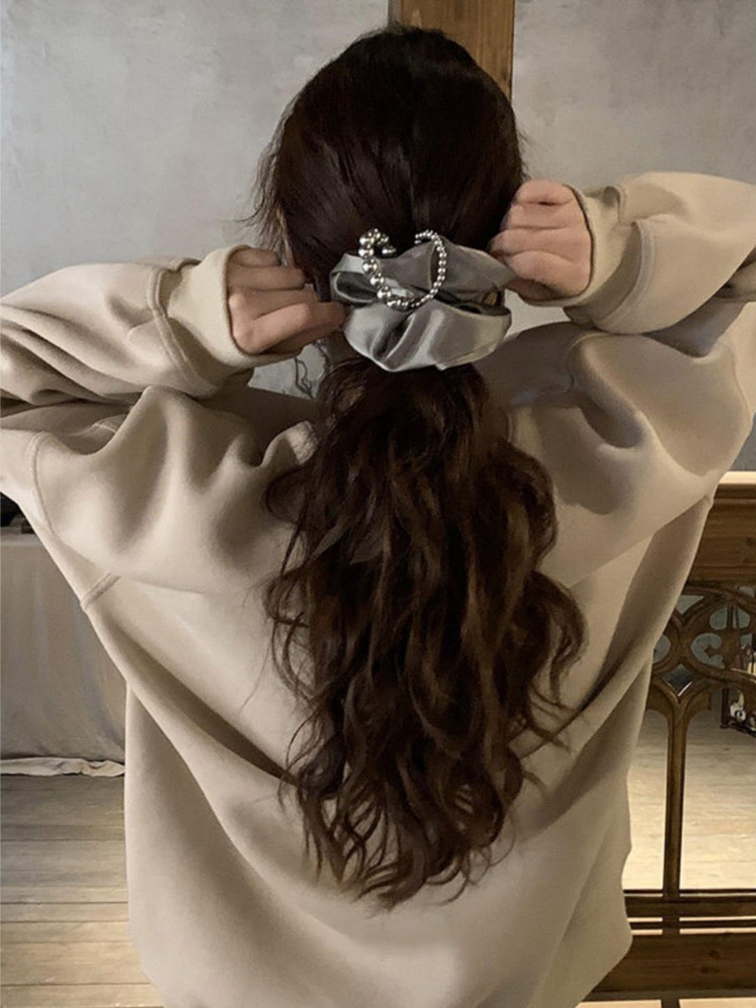 Gray Satin Pearl Scrunchie | Elegant Oversized Hair Tie