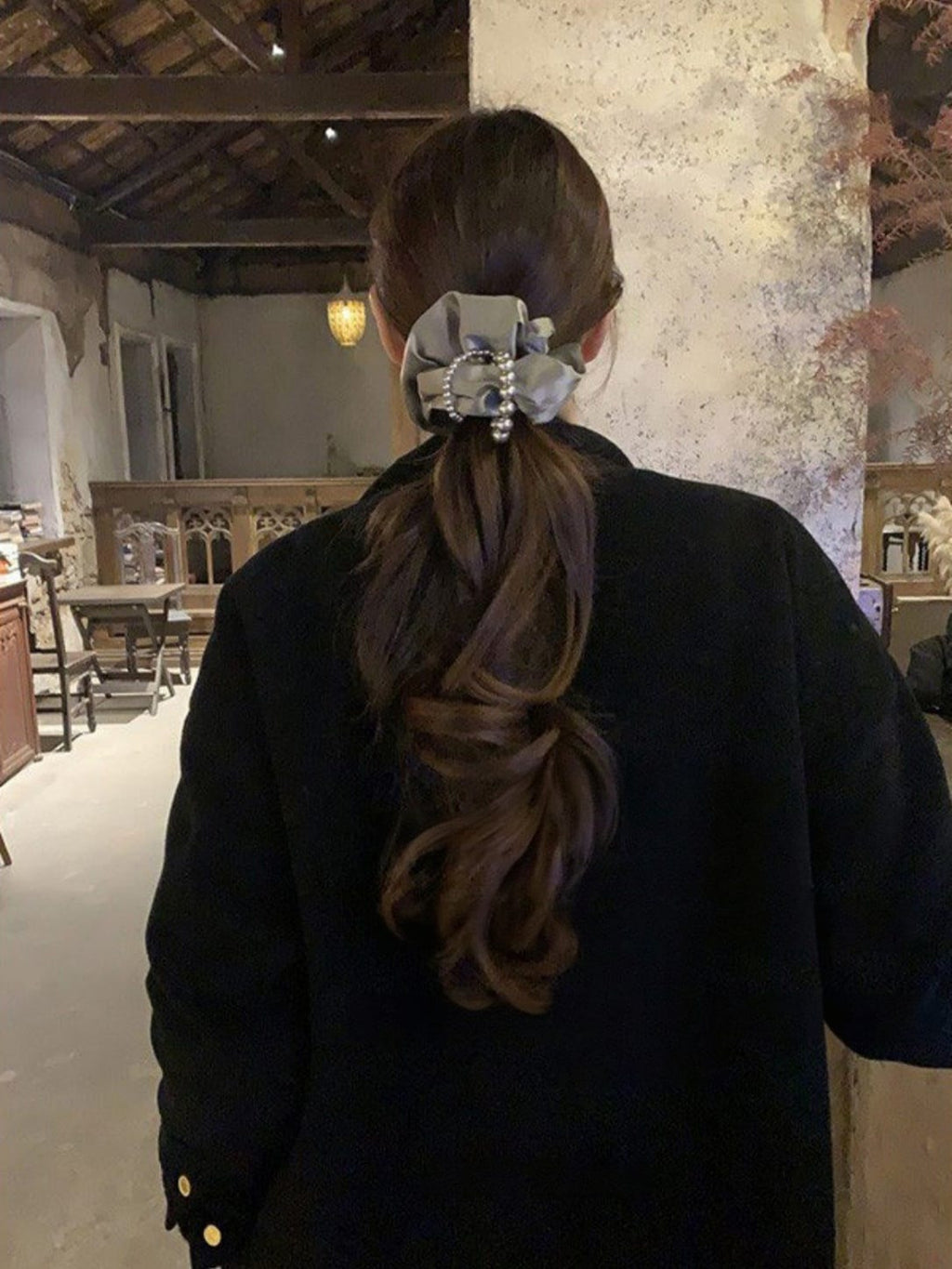 Gray Satin Pearl Scrunchie | Elegant Oversized Hair Tie