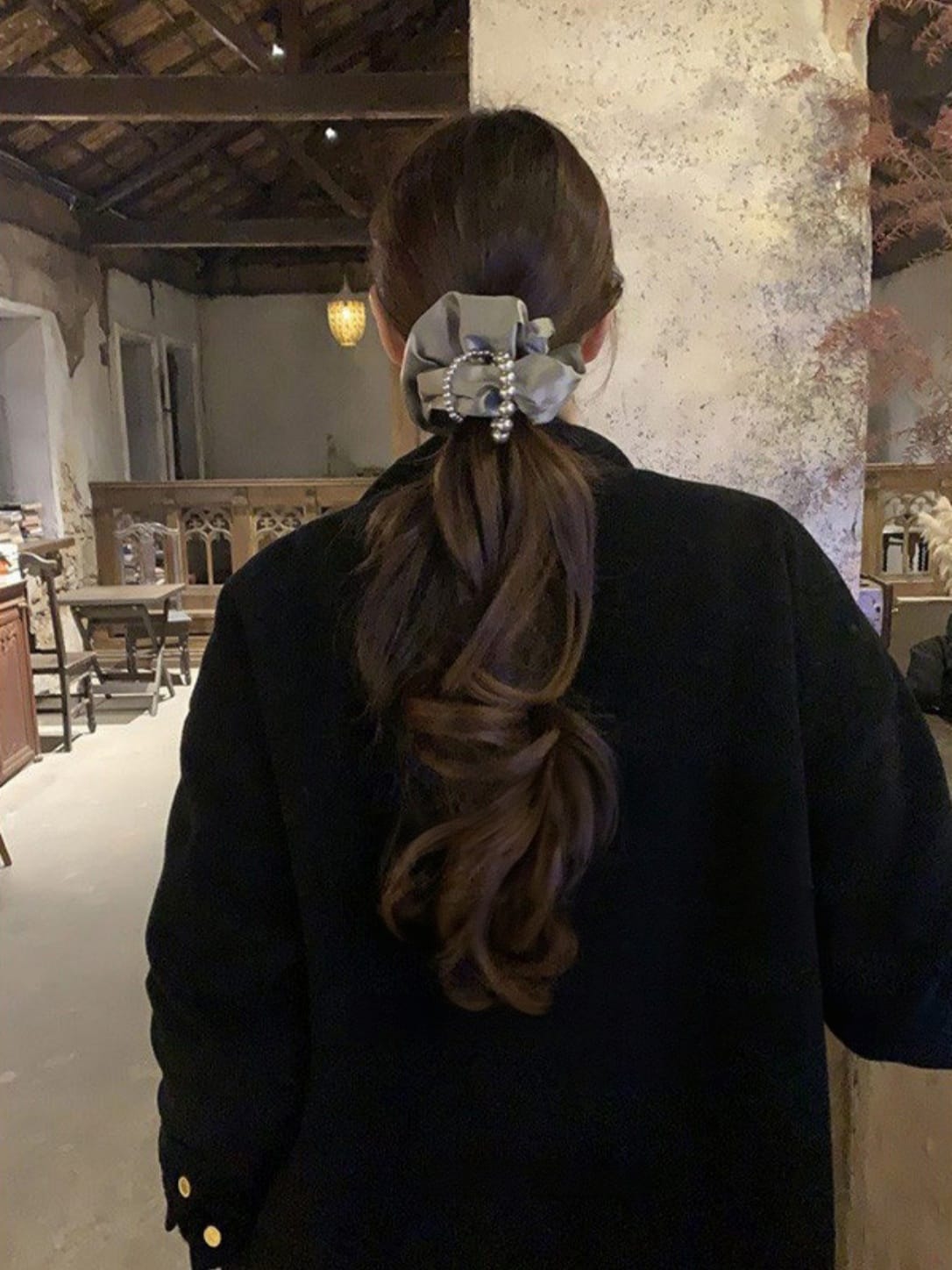 Gray Satin Pearl Scrunchie | Elegant Oversized Hair Tie