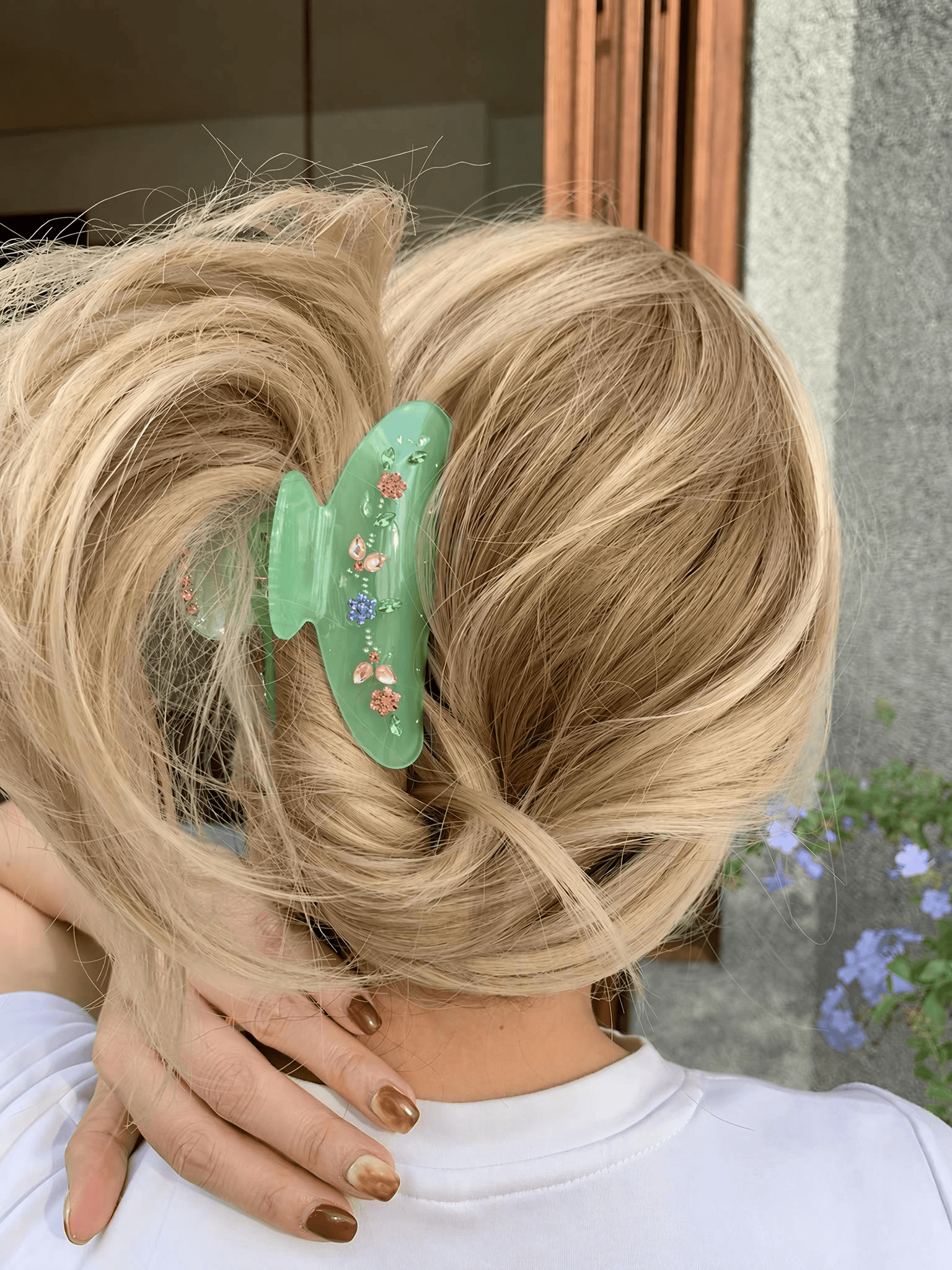 Green Floral Rhinestone Acrylic Hair Claw Clip | Elegant 8.5 cm Hair Clip