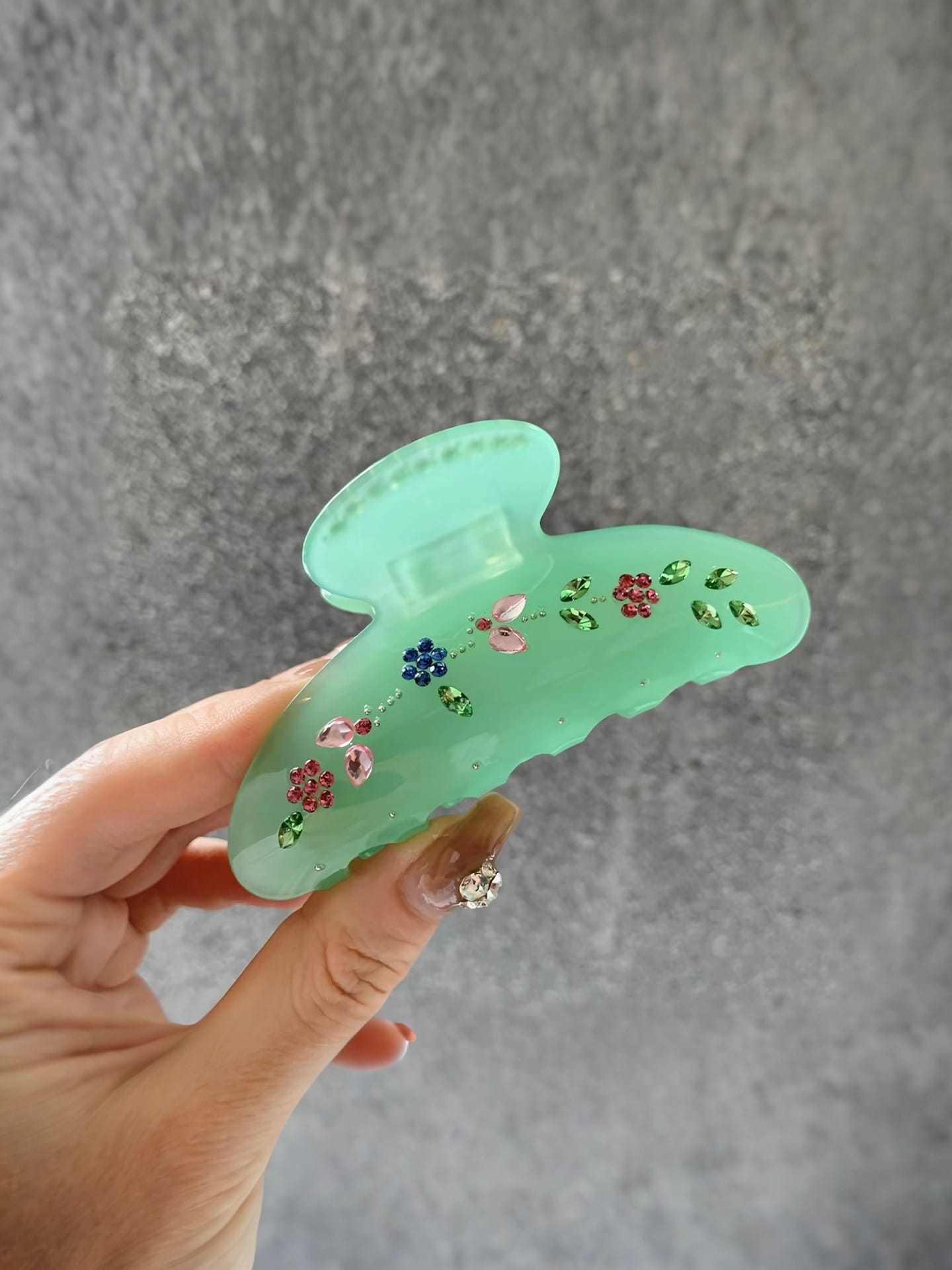 Green Floral Rhinestone Acrylic Hair Claw Clip | Elegant 8.5 cm Hair Clip
