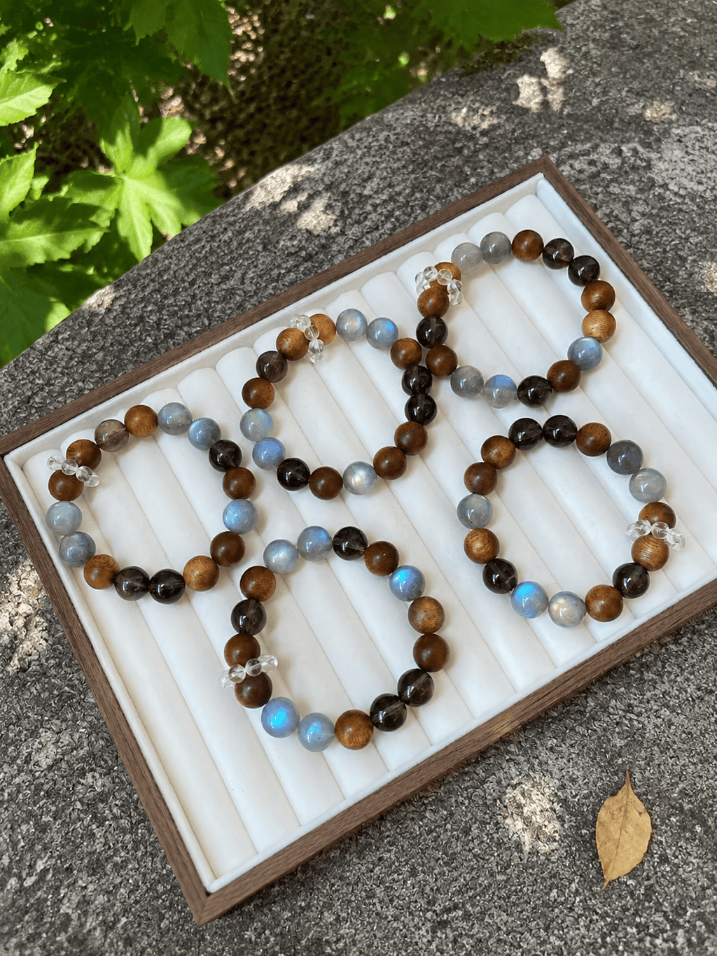 Grey Moonstone, Agarwood & Smoky Quartz Bracelet – Handmade Natural Stone Beaded Elastic Wrist Bracelet