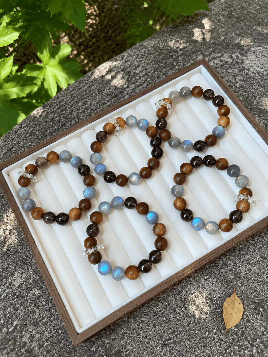Grey Moonstone, Agarwood & Smoky Quartz Bracelet – Handmade Natural Stone Beaded Elastic Wrist Bracelet