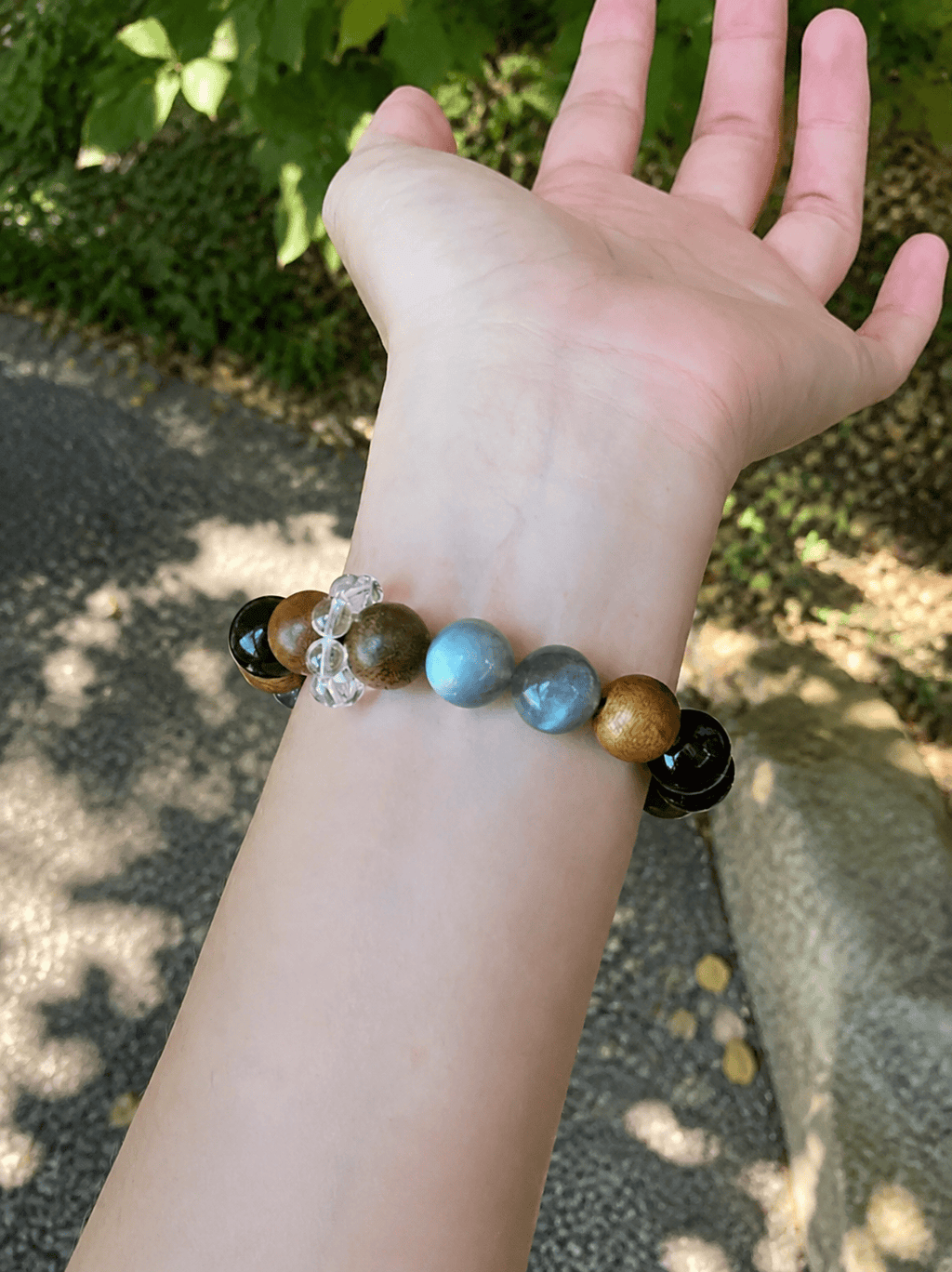 Grey Moonstone, Agarwood & Smoky Quartz Bracelet – Handmade Natural Stone Beaded Elastic Wrist Bracelet