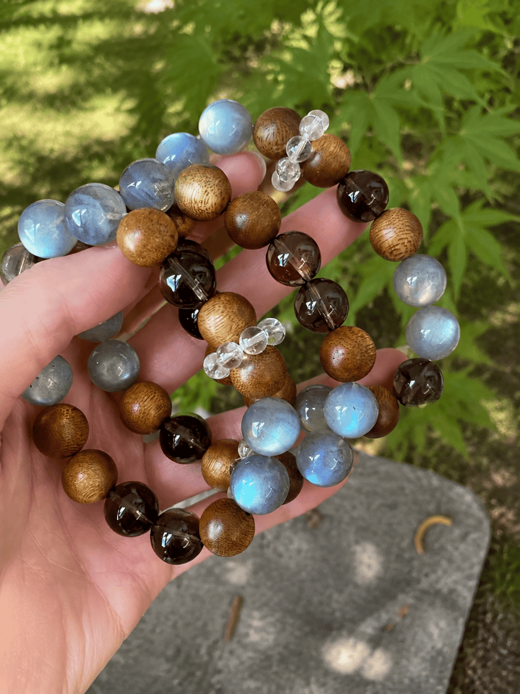 Grey Moonstone, Agarwood & Smoky Quartz Bracelet – Handmade Natural Stone Beaded Elastic Wrist Bracelet