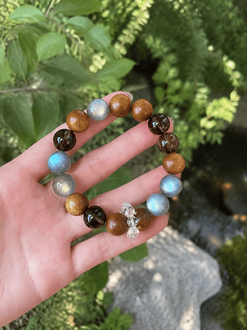 Grey Moonstone, Agarwood & Smoky Quartz Bracelet – Handmade Natural Stone Beaded Elastic Wrist Bracelet