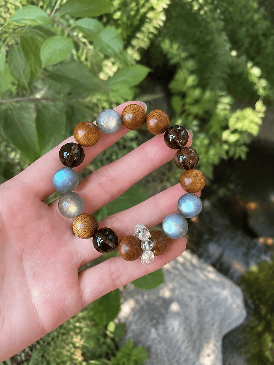 Grey Moonstone, Agarwood & Smoky Quartz Bracelet – Handmade Natural Stone Beaded Elastic Wrist Bracelet