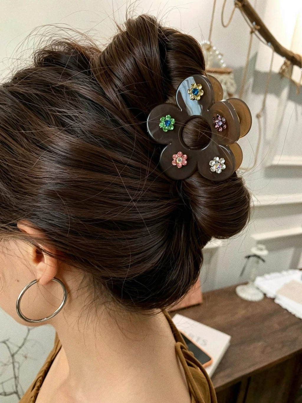 Hollow Flower Acrylic Hair Claw Clip | Colorful Rhinestone Floral Design