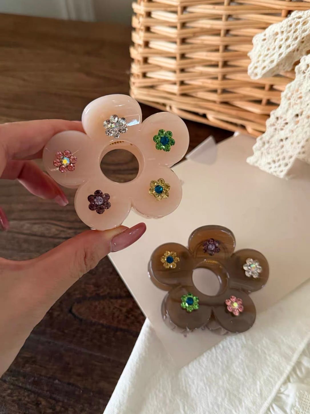 Hollow Flower Acrylic Hair Claw Clip | Colorful Rhinestone Floral Design