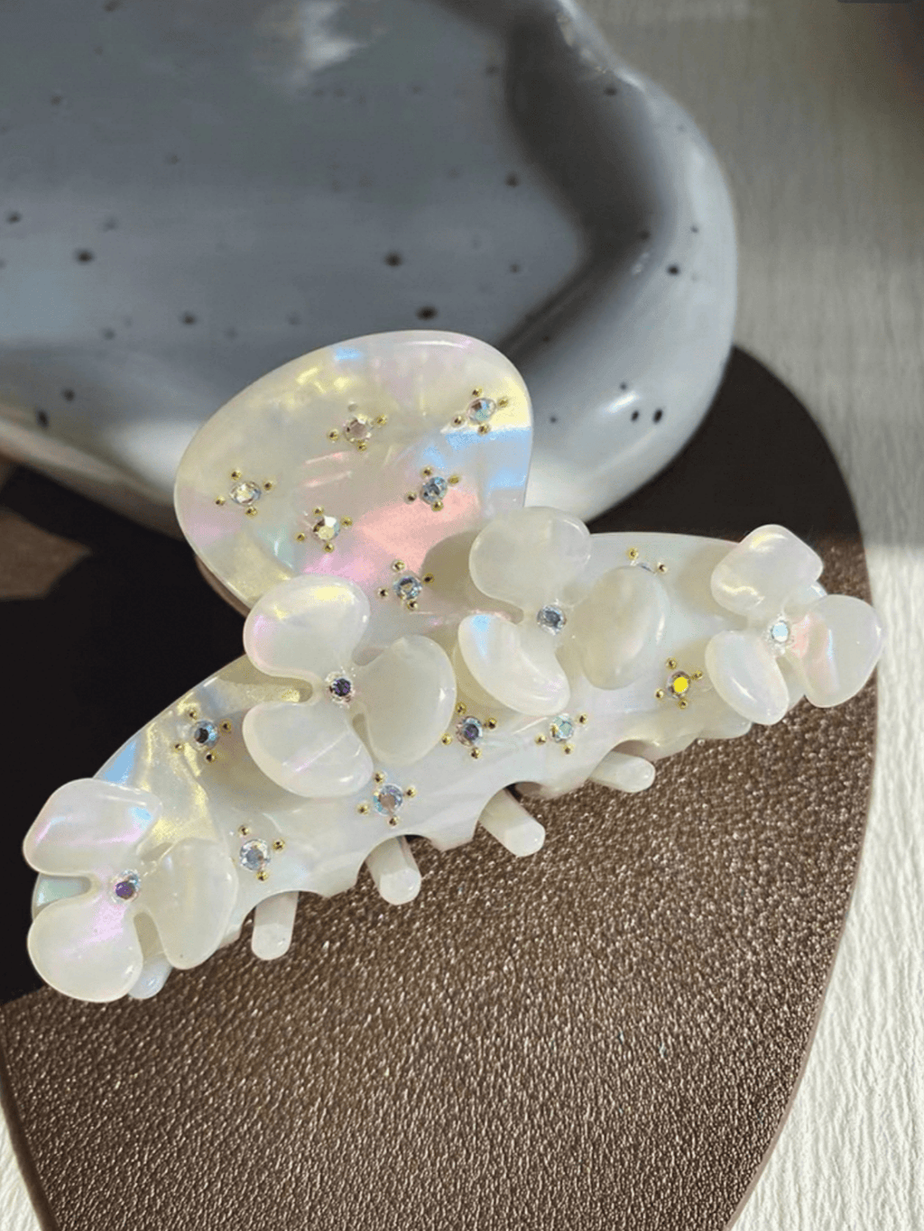 Iridescent Floral Acetate Hair Claw Clip – Pearlescent Rhinestones
