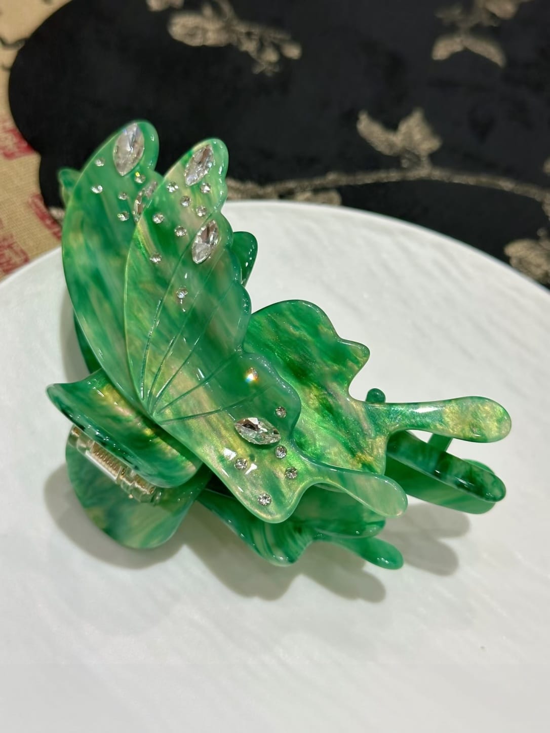 Iridescent Green Butterfly Hair Claw Clip | Rhinestone Acetate