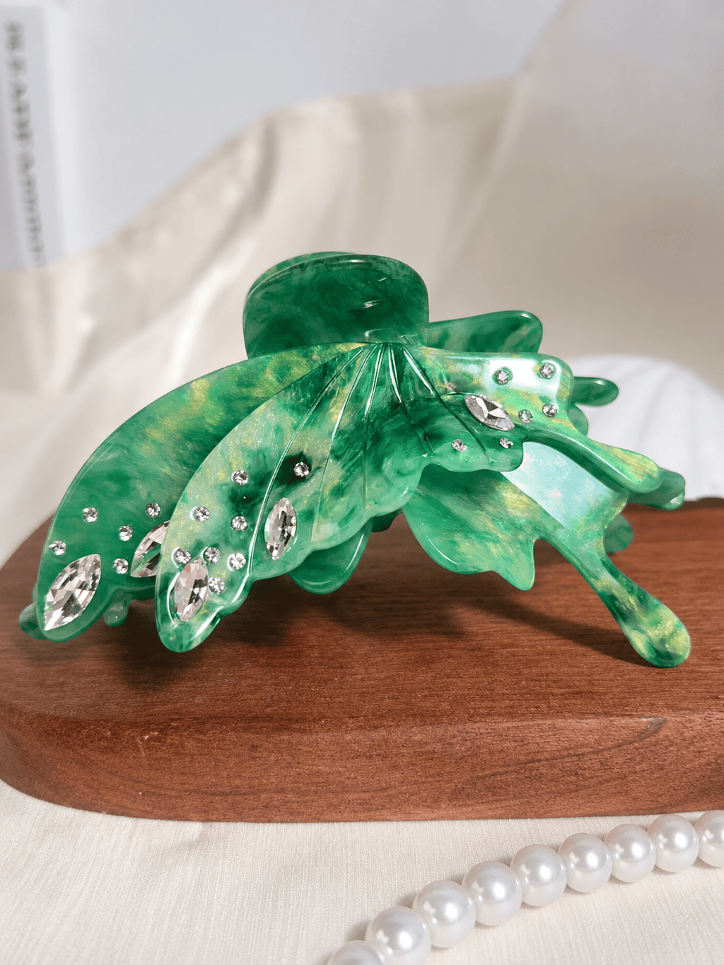 Iridescent Green Butterfly Hair Claw Clip | Rhinestone Acetate