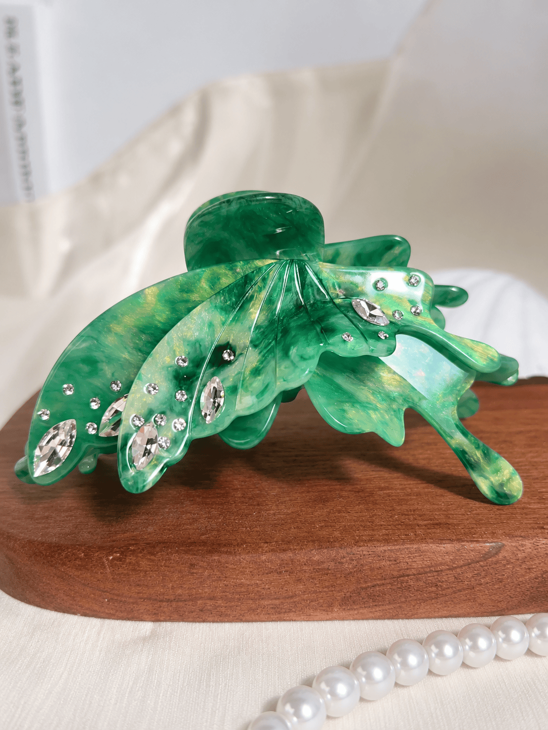 Iridescent Green Butterfly Hair Claw Clip | Rhinestone Acetate