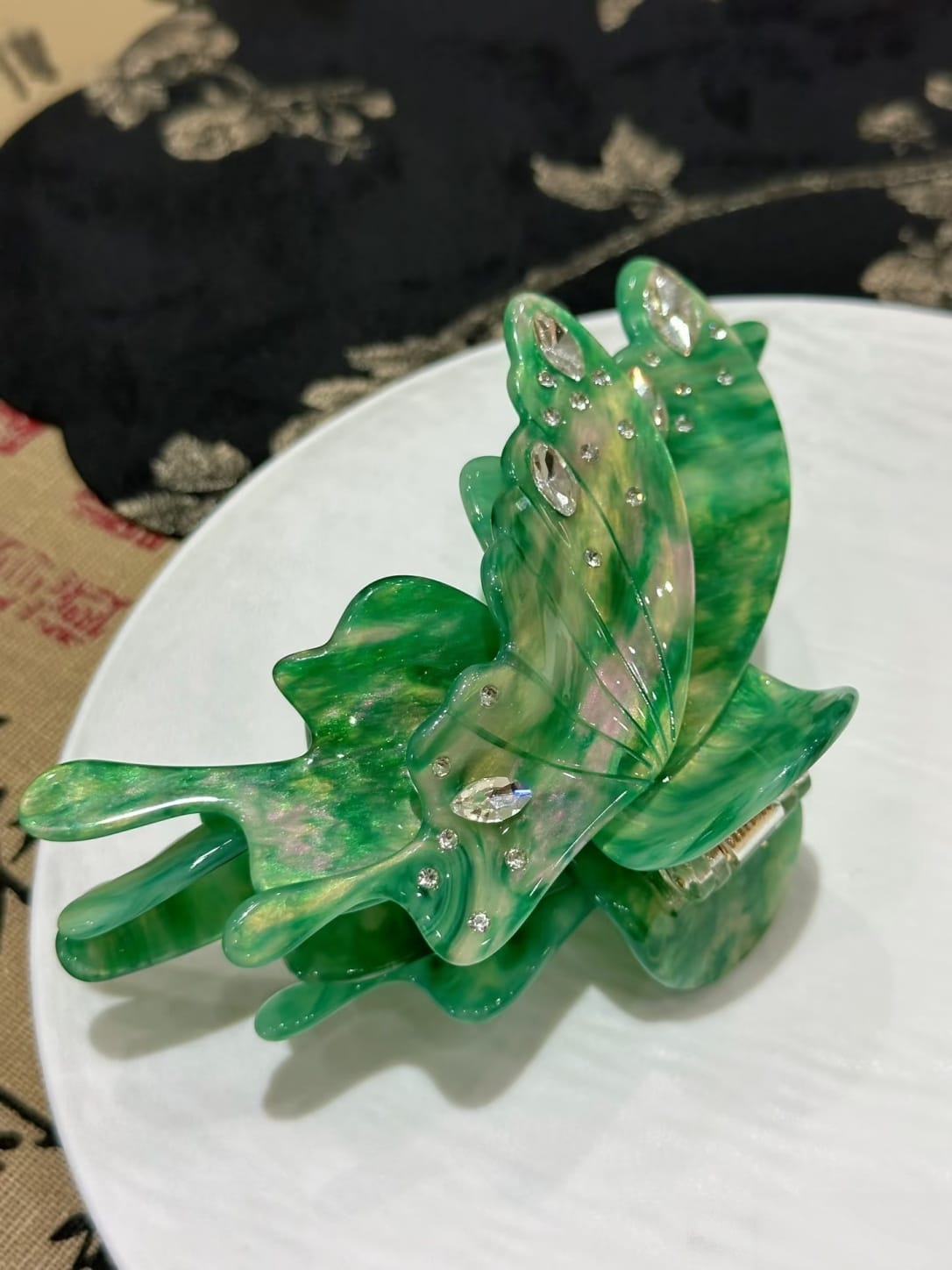 Iridescent Green Butterfly Hair Claw Clip | Rhinestone Acetate