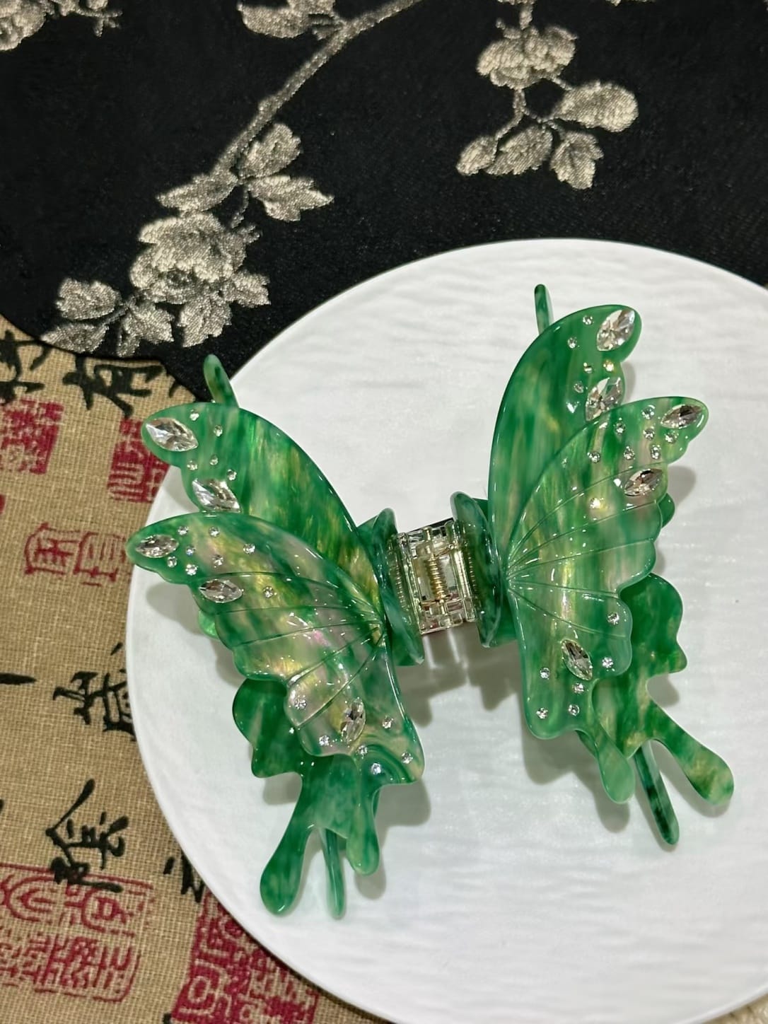 Iridescent Green Butterfly Hair Claw Clip | Rhinestone Acetate