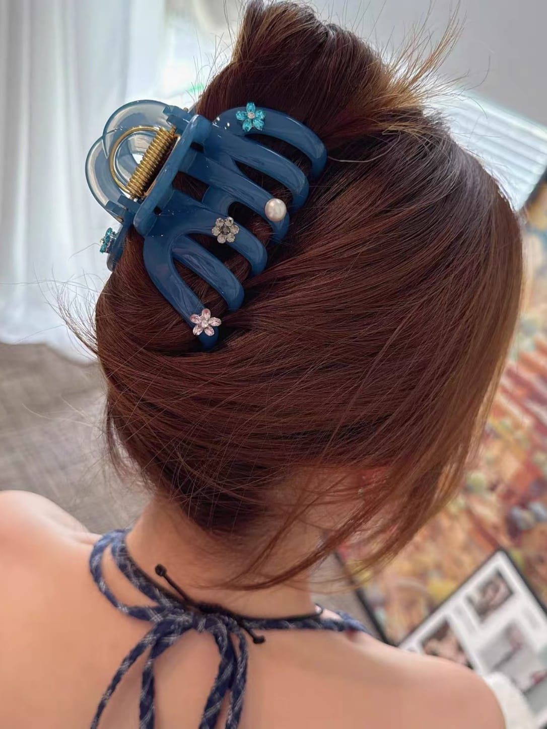 Jelly Acrylic Flower Hair Claw Clip | Pearl Rhinestone Clip for Thick Hair