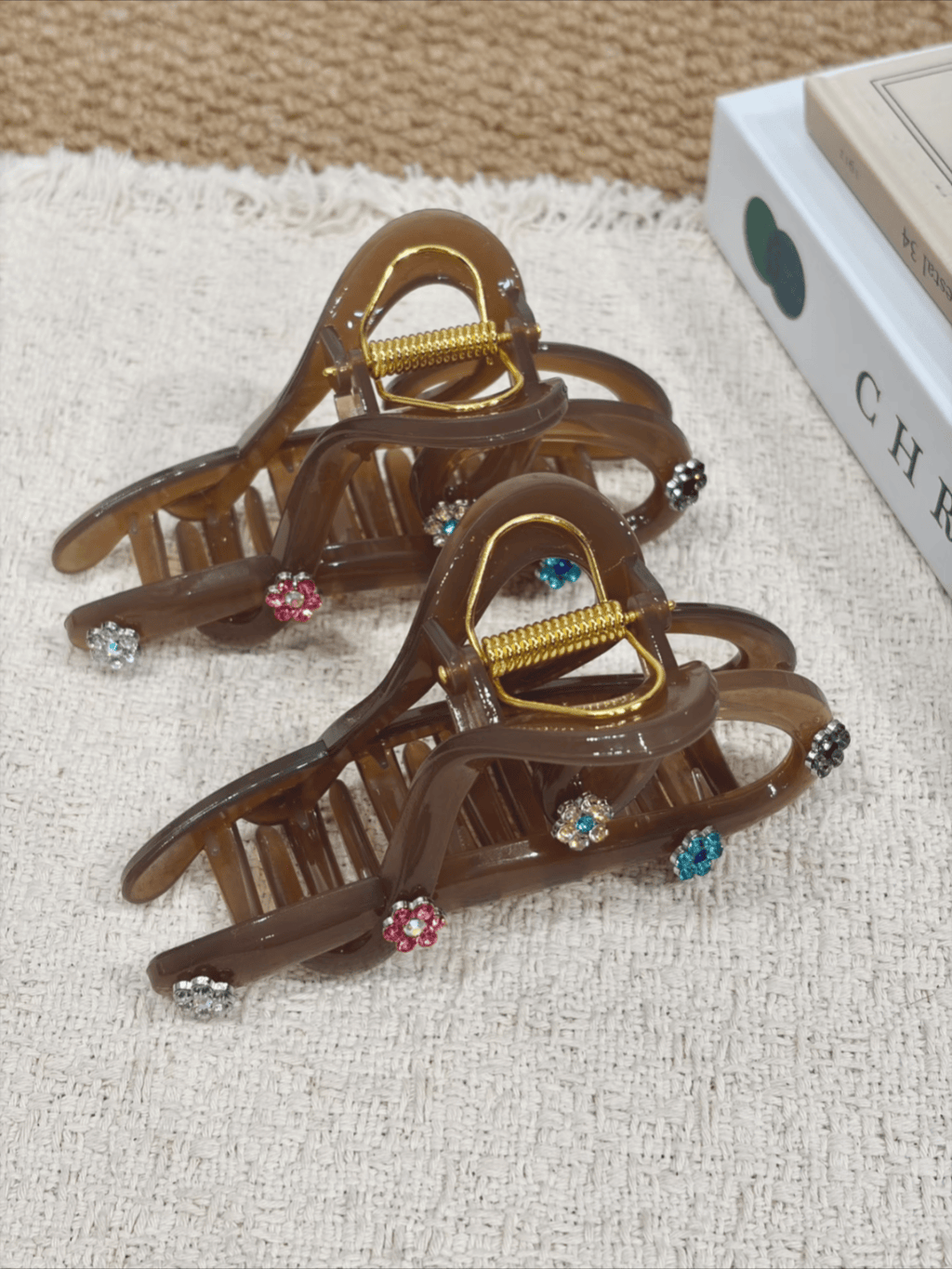 Jelly Brown Acrylic Hair Claw Clip | Rhinestone Flower