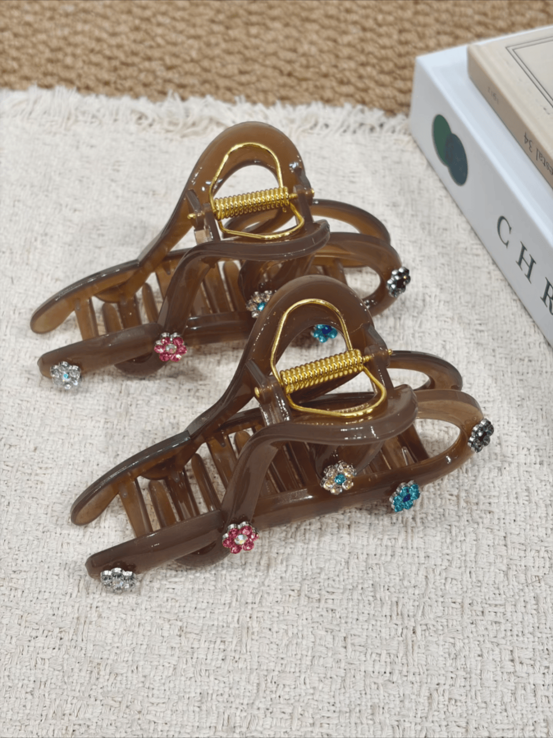 Jelly Brown Acrylic Hair Claw Clip | Rhinestone Flower