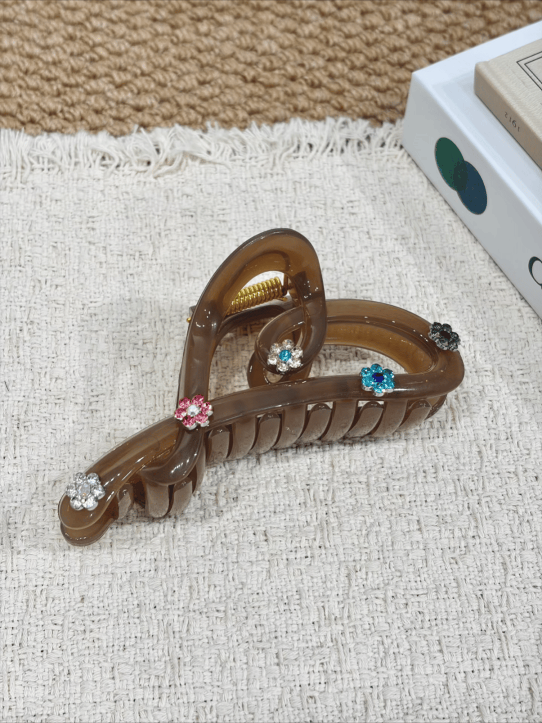 Jelly Brown Acrylic Hair Claw Clip | Rhinestone Flower