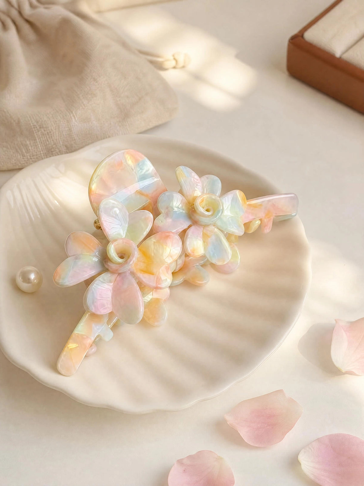 Large Pastel Floral Hair Claw Clip – Iridescent Acetate Rose Claw for Thick Hair, Elegant French Hair Accessory for Women