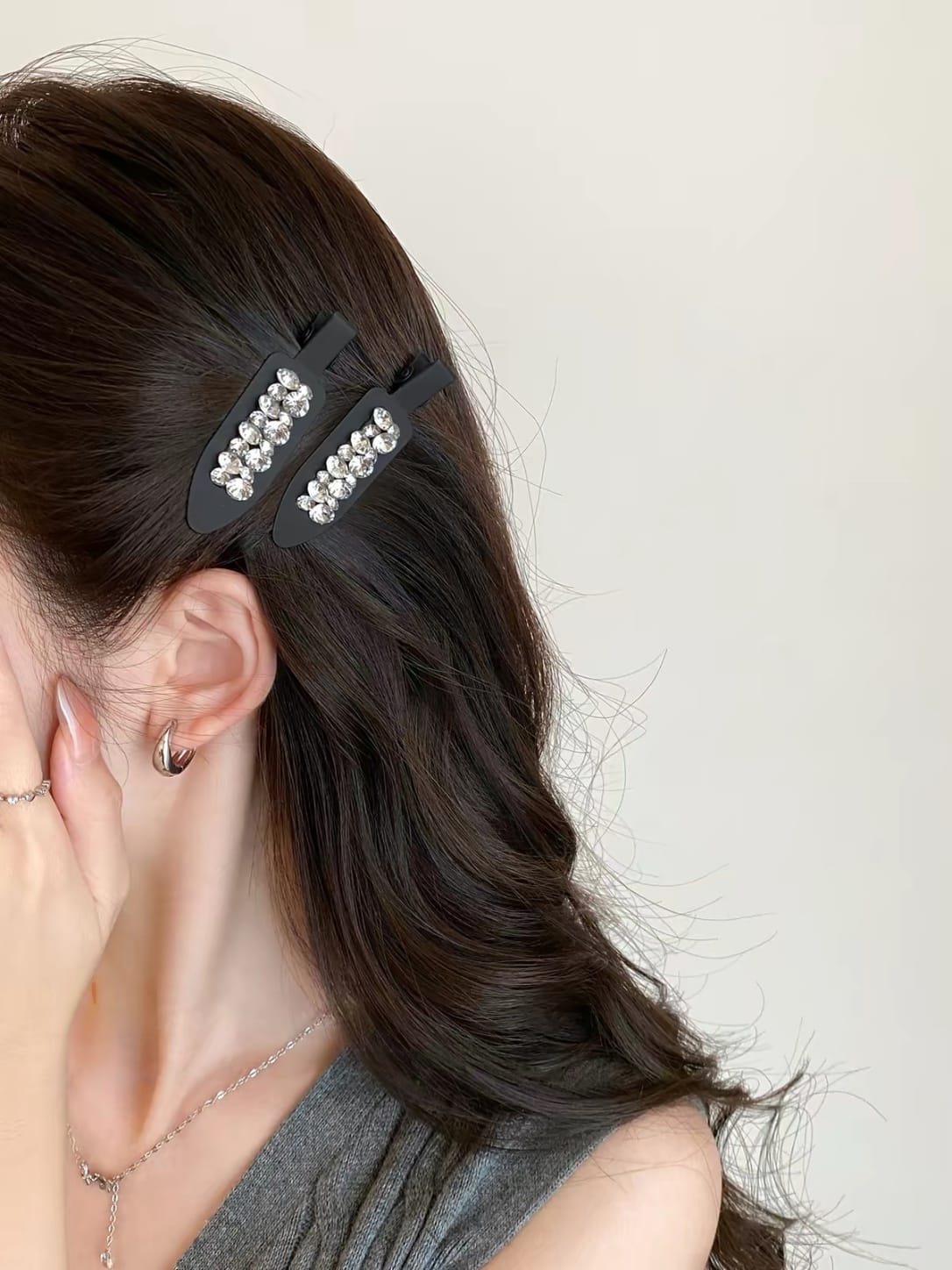 Luxe Matte Black Rhinestone Hair Clips | Sparkling 2-Piece Set