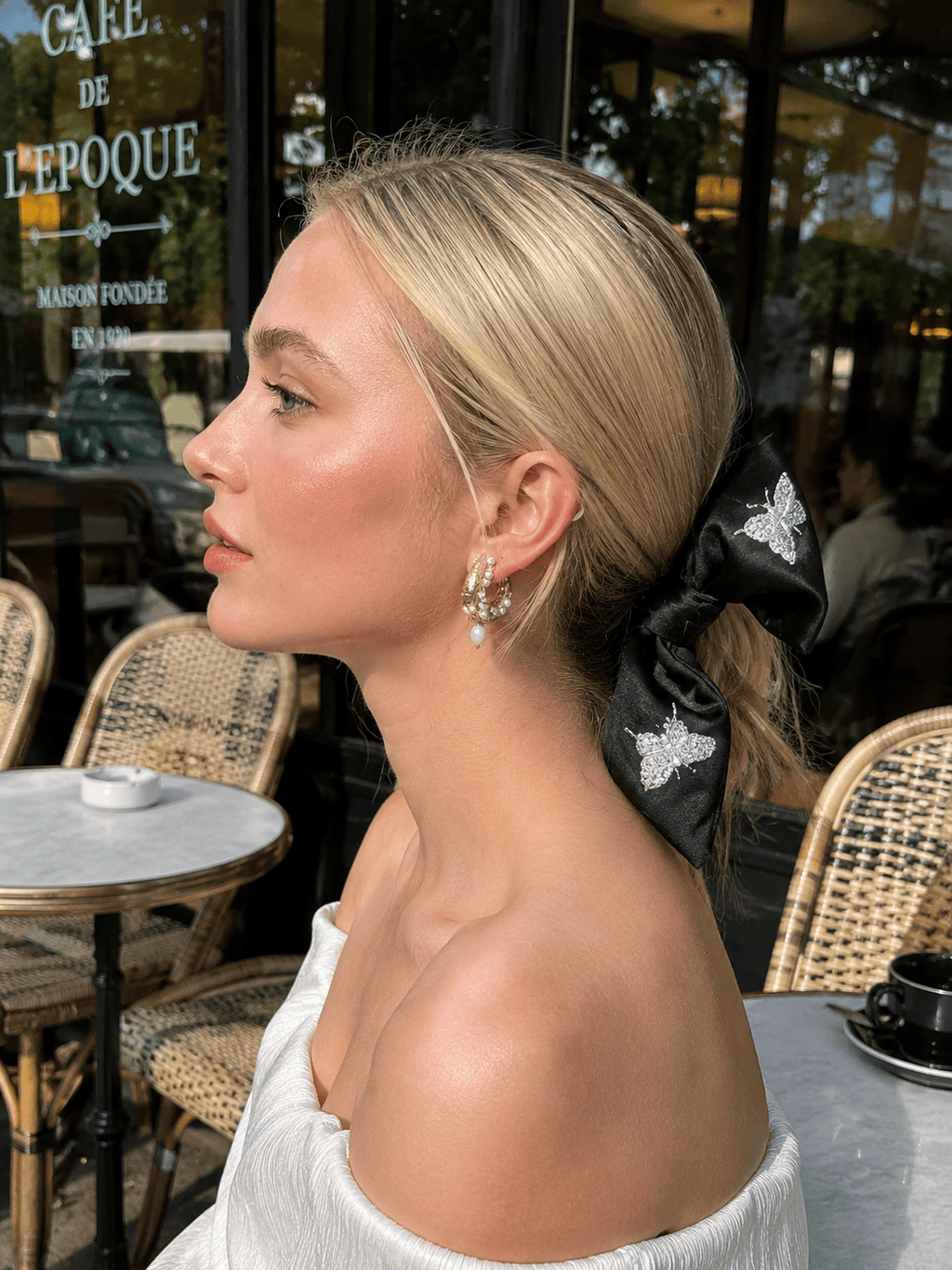 Luxury Black Butterfly Embroidered Satin Hair Scarf Scrunchie – Elegant Bow Knot Hair Accessory for Women